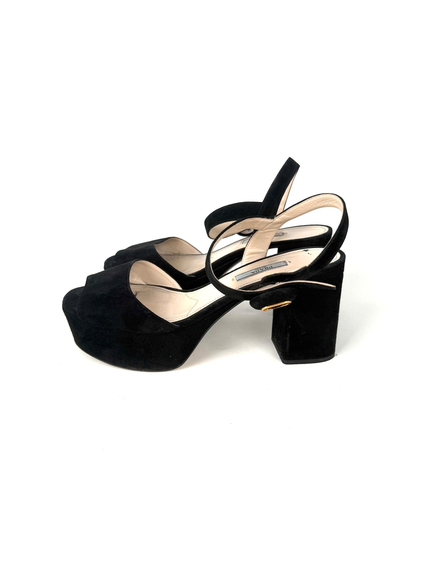 Prada Black Suede Platform Block Heel Sandals 39.5, 9