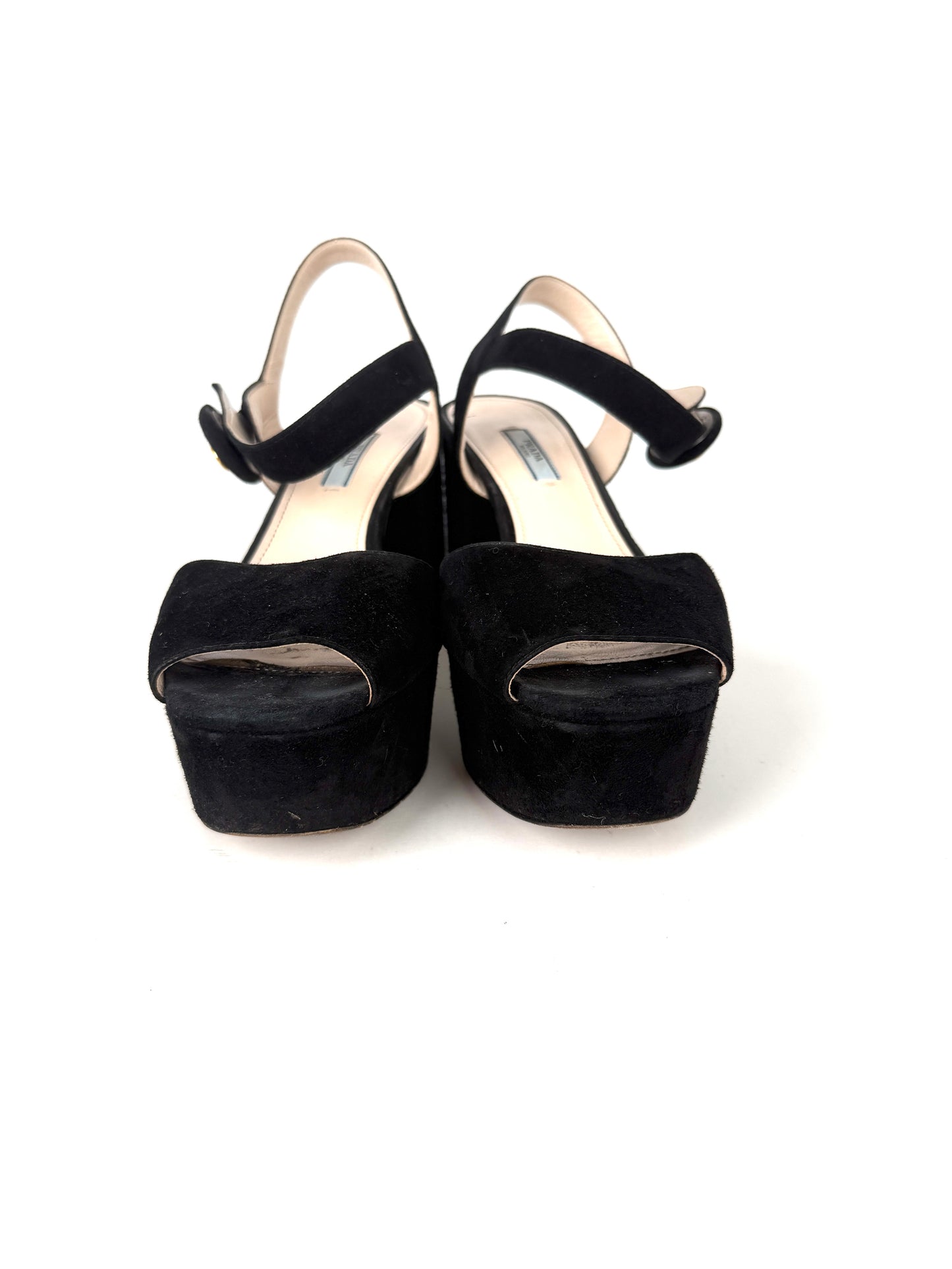 Prada Black Suede Platform Block Heel Sandals 39.5, 9