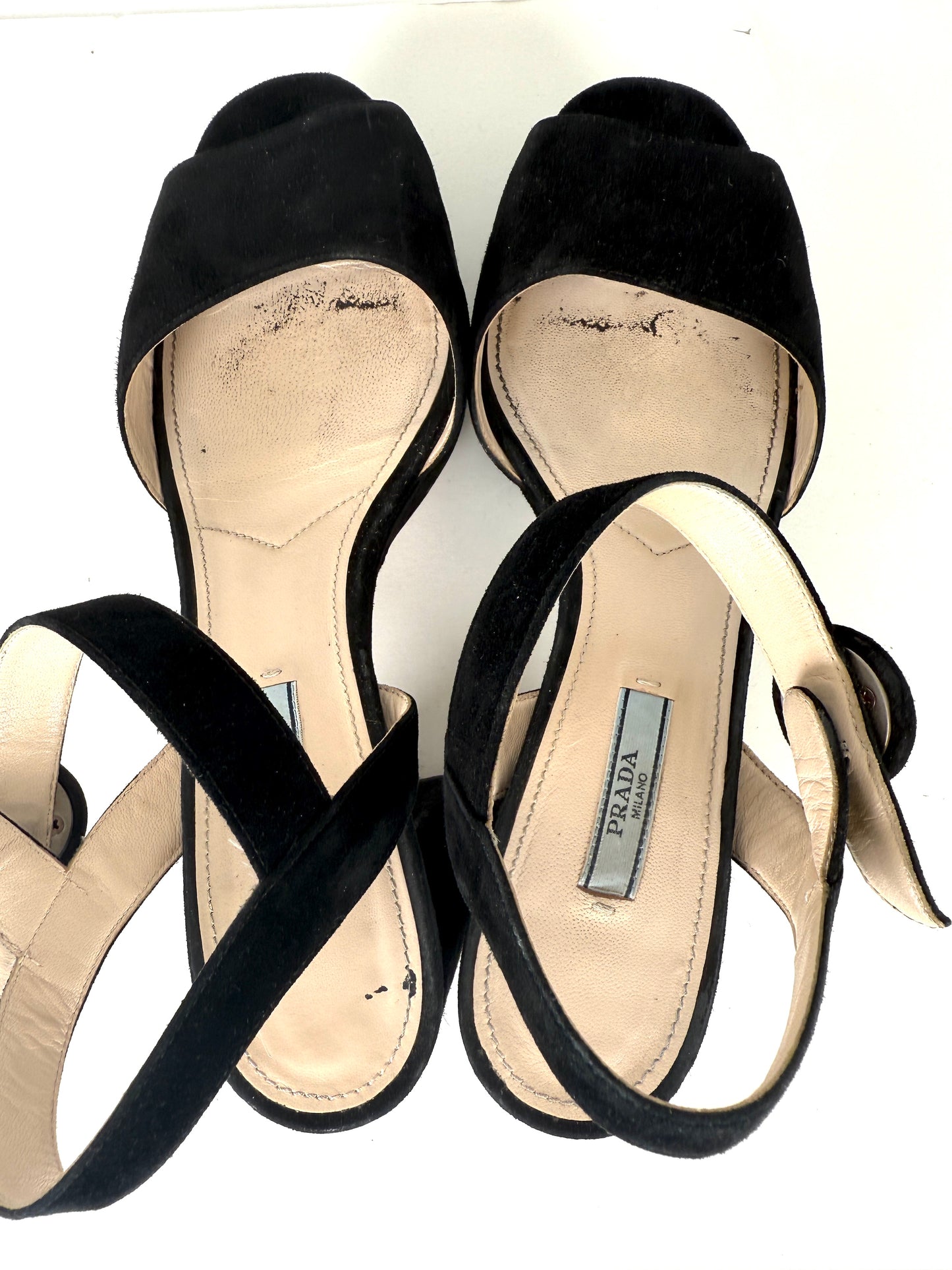 Prada Black Suede Platform Block Heel Sandals 39.5, 9