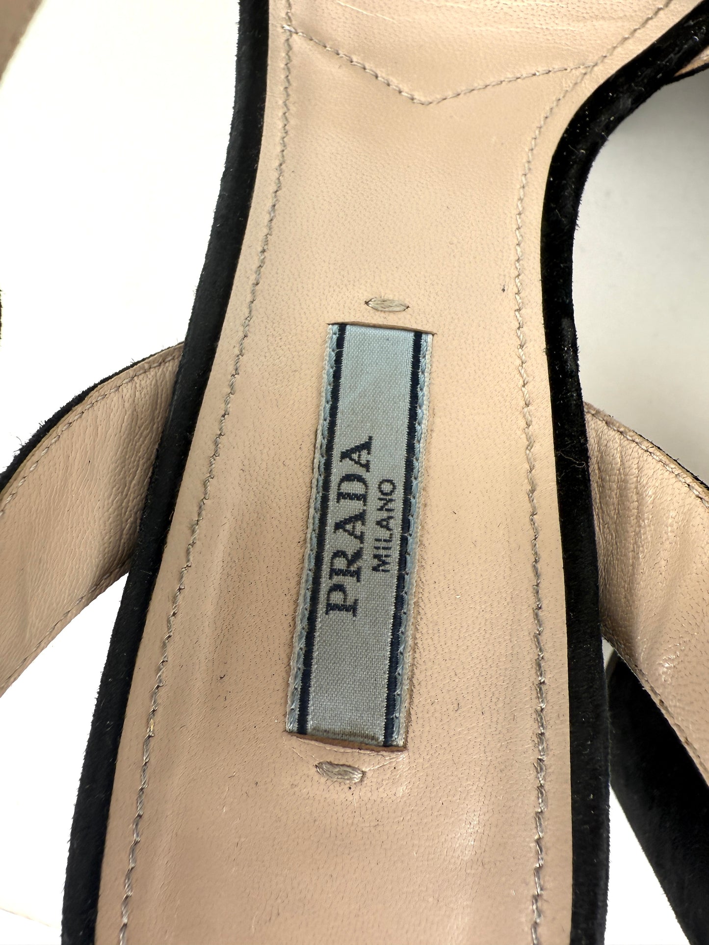 Prada Black Suede Platform Block Heel Sandals 39.5, 9