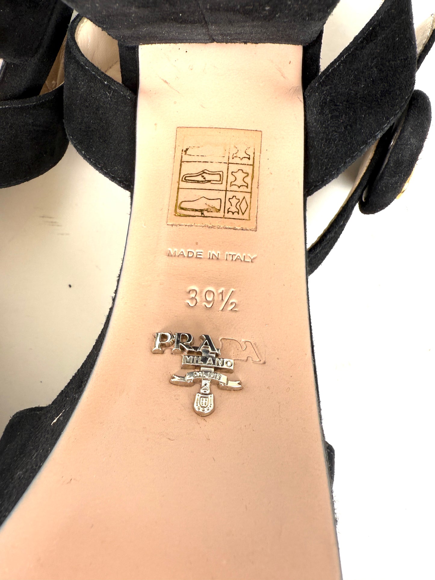 Prada Black Suede Platform Block Heel Sandals 39.5, 9