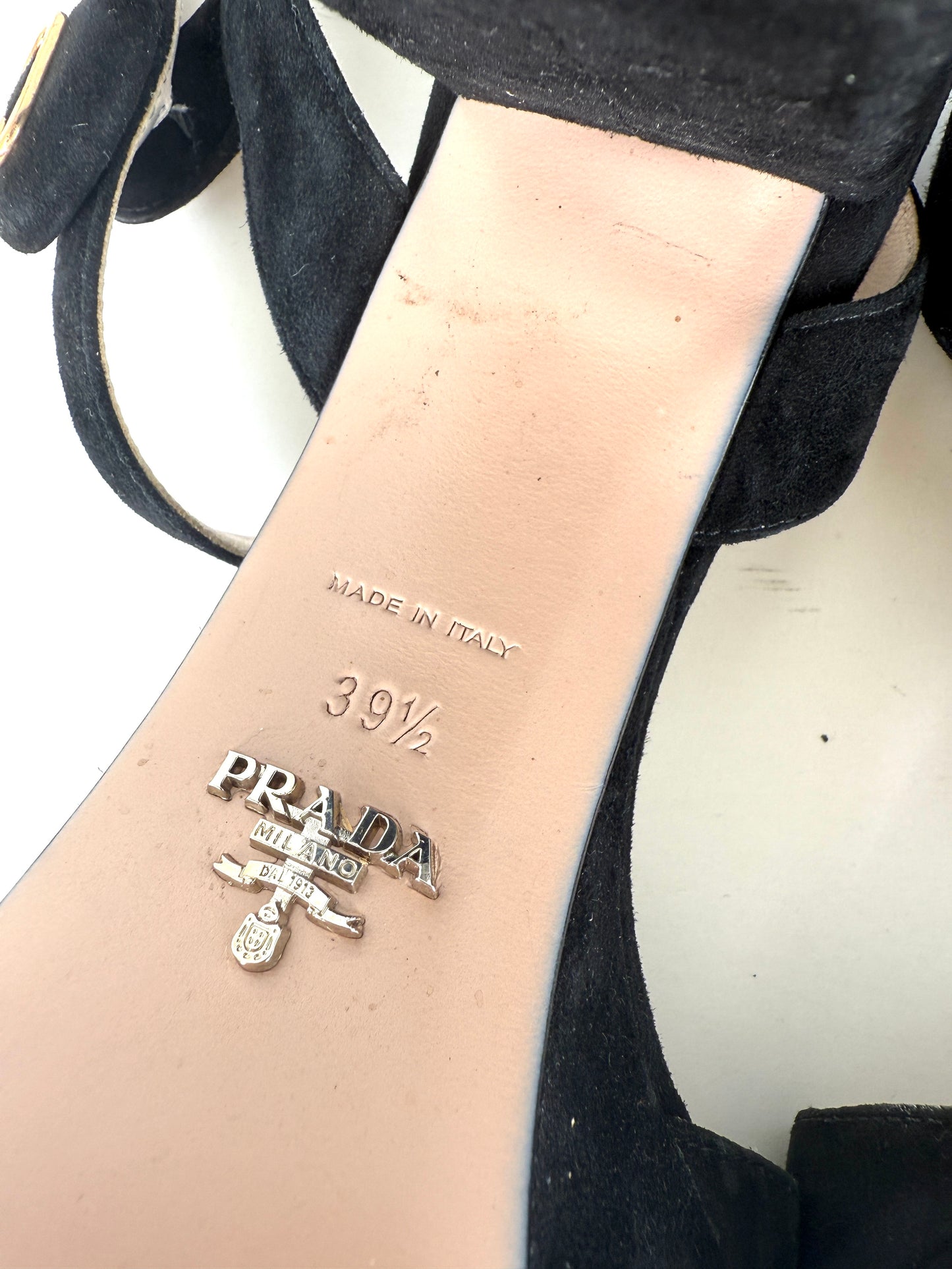 Prada Black Suede Platform Block Heel Sandals 39.5, 9
