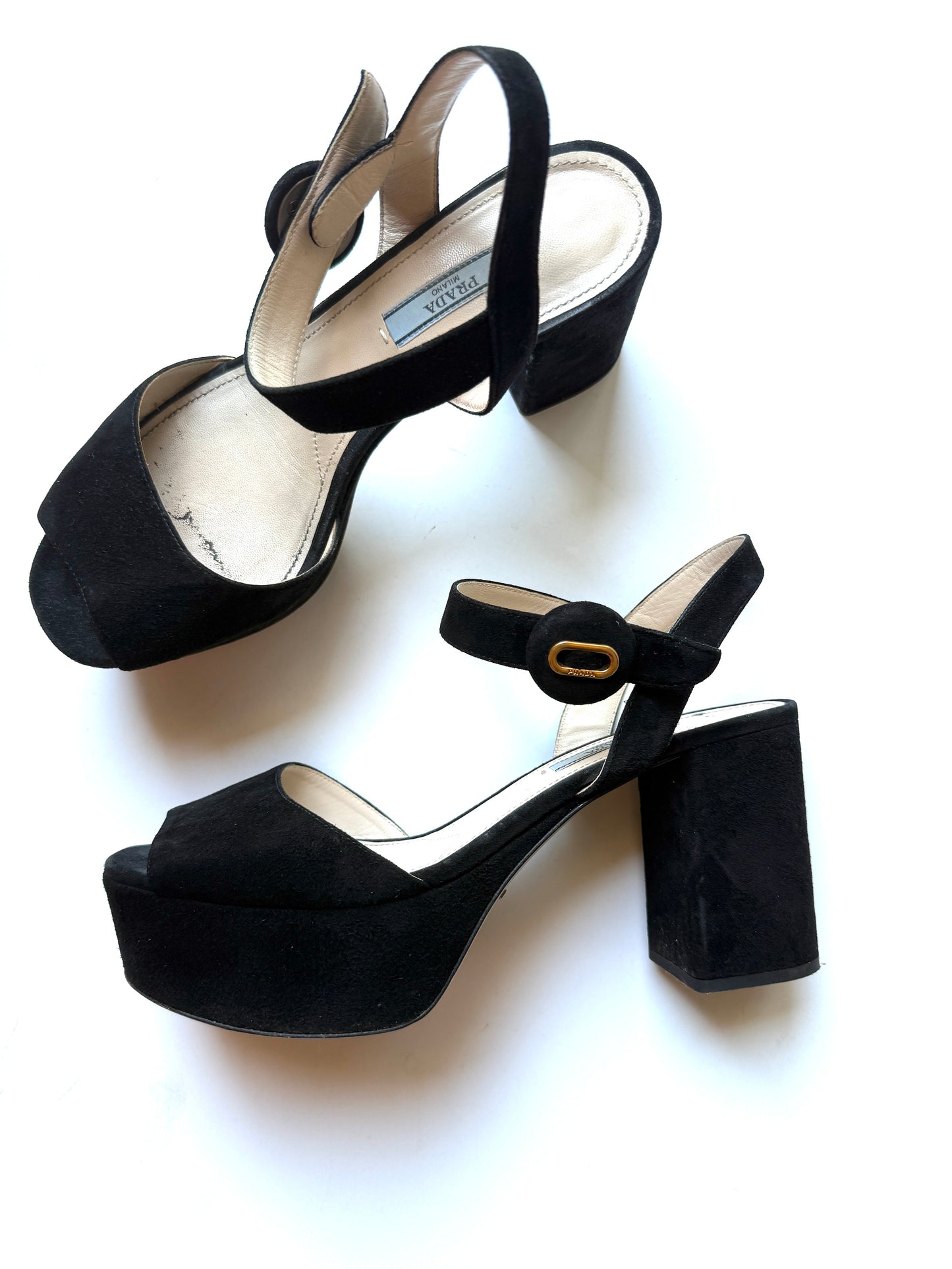 Prada Black Suede Platform Block Heel Sandals 39.5, 9