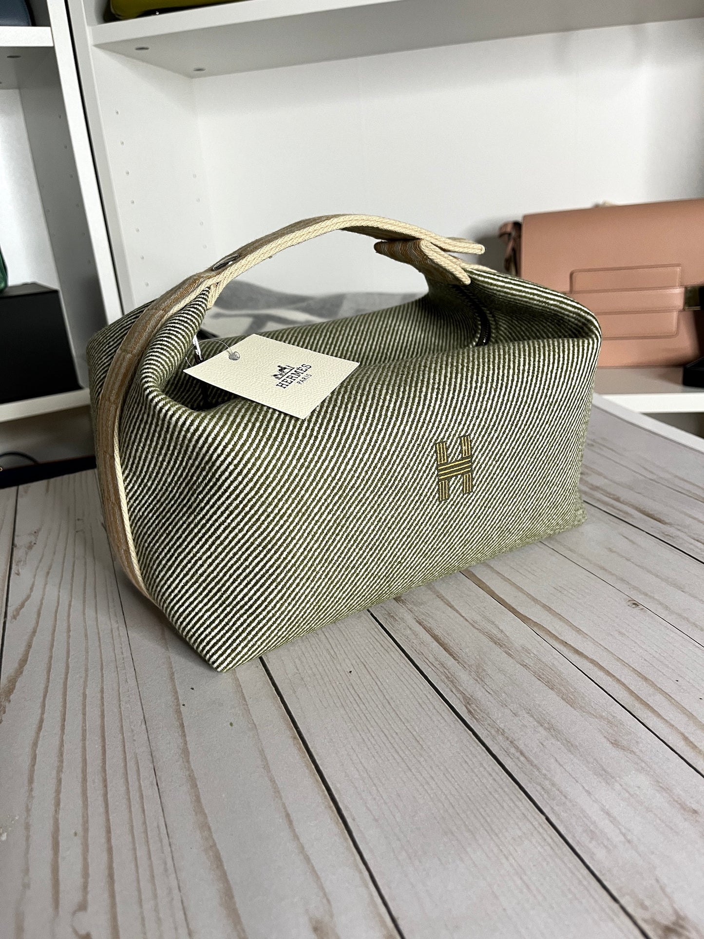New HERMES Bride-A-Brac H Natte Wool GM Vert Green Pouch Toiletry Bag