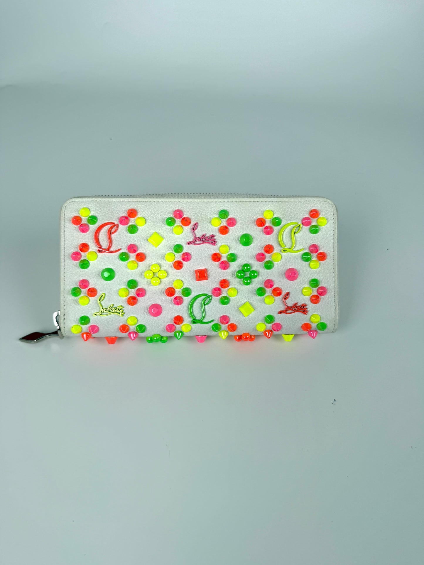 Christian Louboutin Panettone Spike Loubinthesky White Leather Neon Zip Continental Wallet