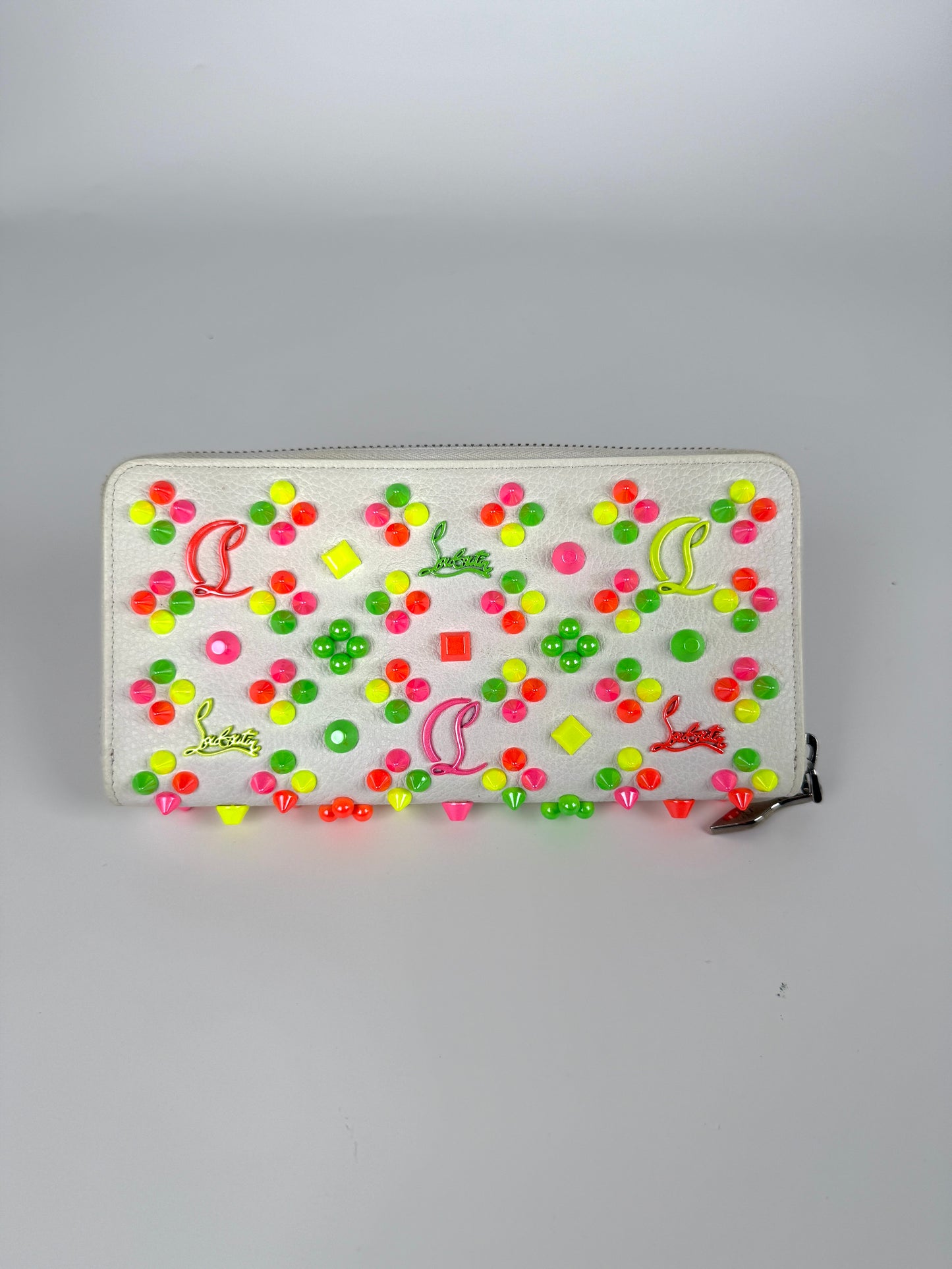 Christian Louboutin Panettone Spike Loubinthesky White Leather Neon Zip Continental Wallet
