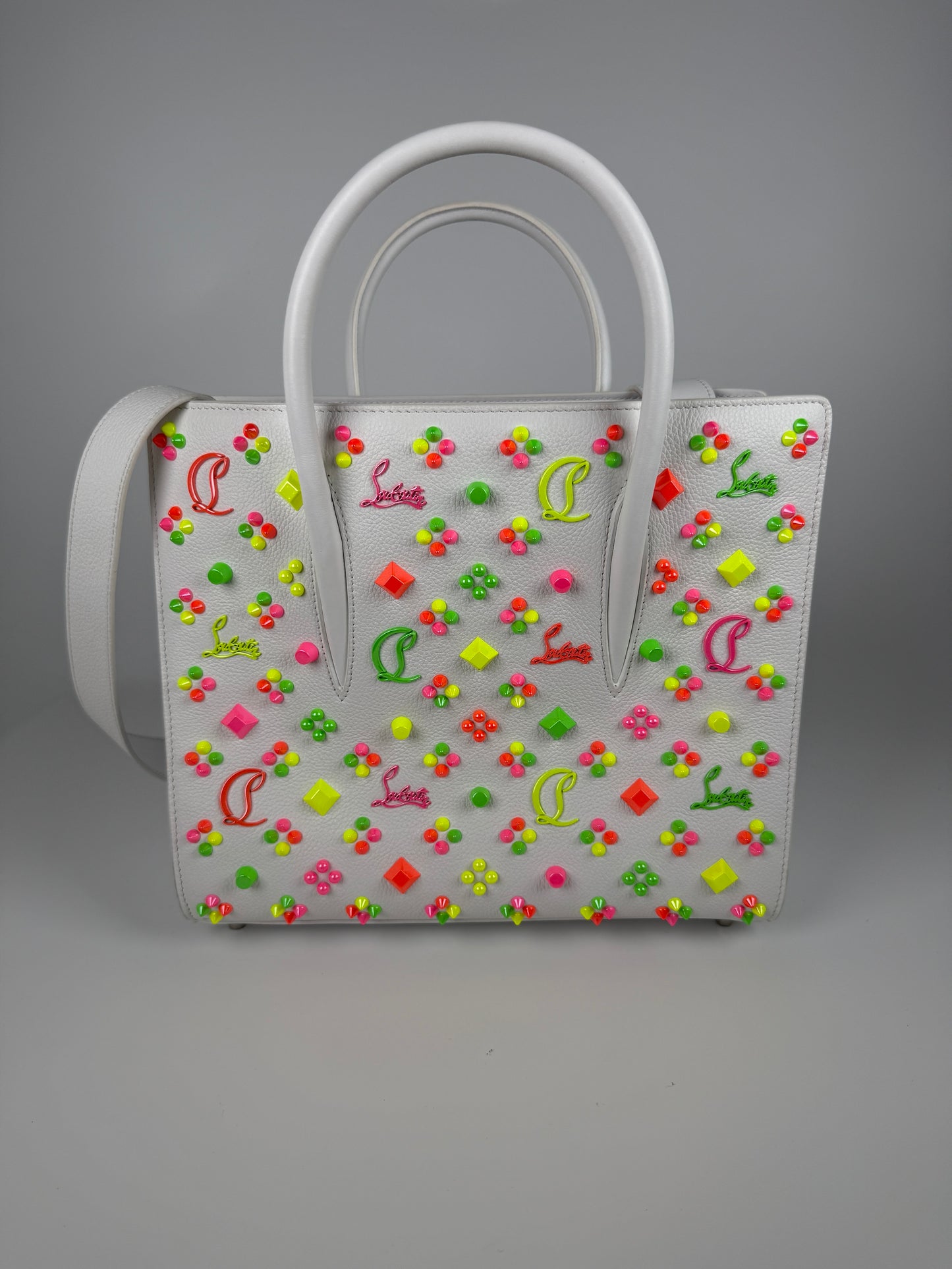 Christian Louboutin Paloma Medium Spike Loubinthesky White Neon Pink Leather Tote