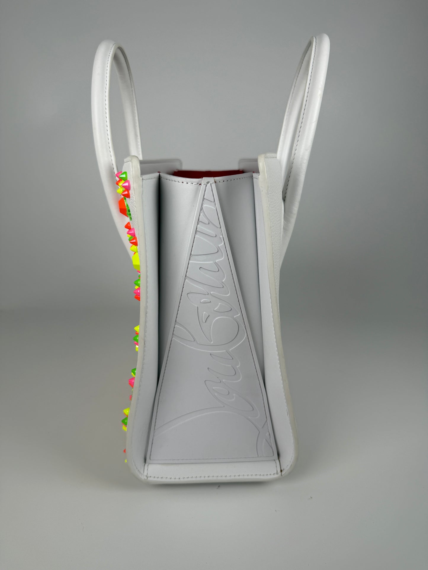 Christian Louboutin Paloma Medium Spike Loubinthesky White Neon Pink Leather Tote