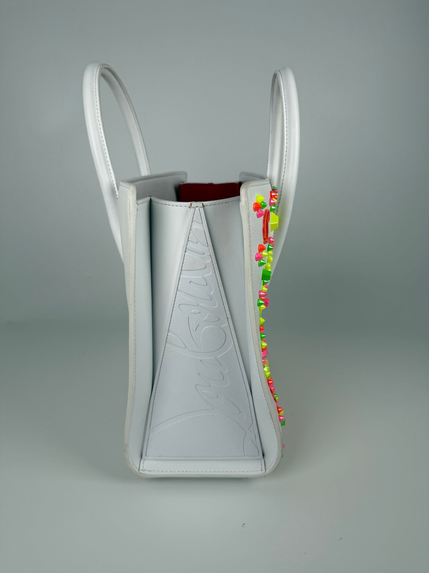 Christian Louboutin Paloma Medium Spike Loubinthesky White Neon Pink Leather Tote