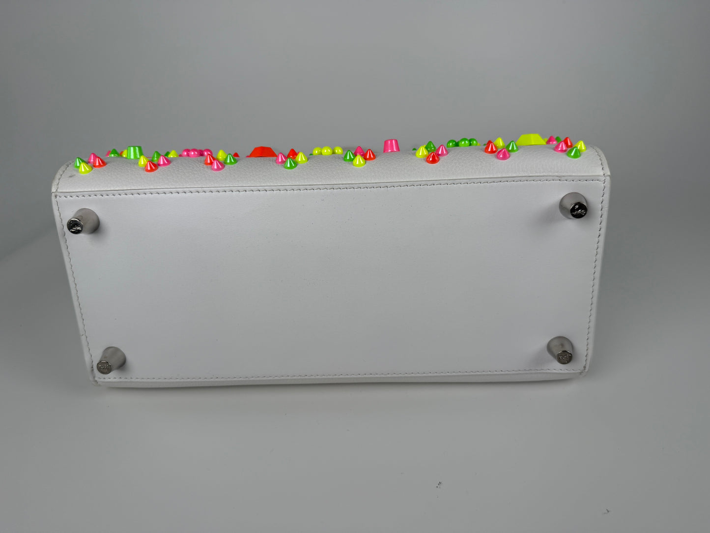 Christian Louboutin Paloma Medium Spike Loubinthesky White Neon Pink Leather Tote