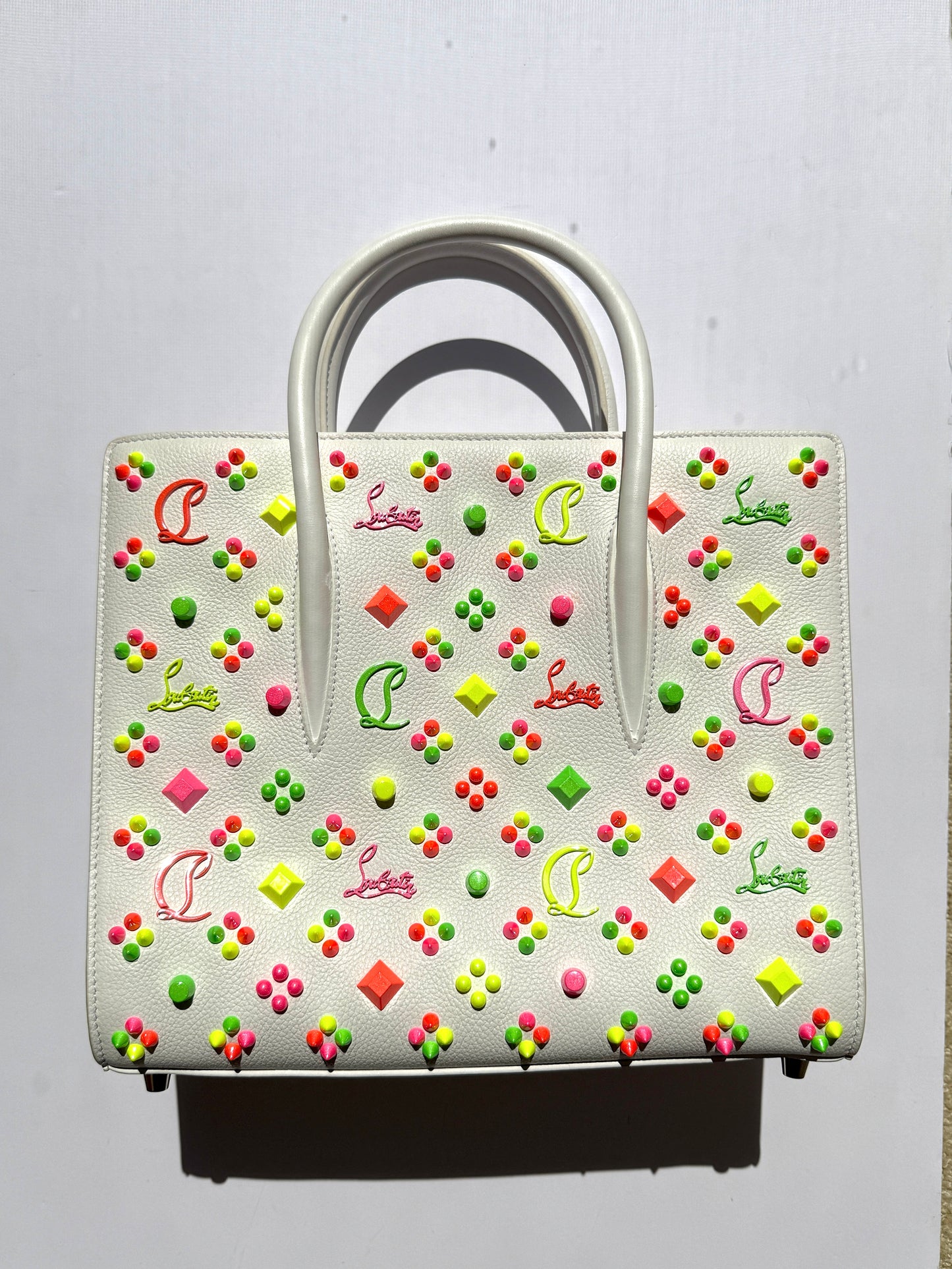 Christian Louboutin Paloma Medium Spike Loubinthesky White Neon Pink Leather Tote