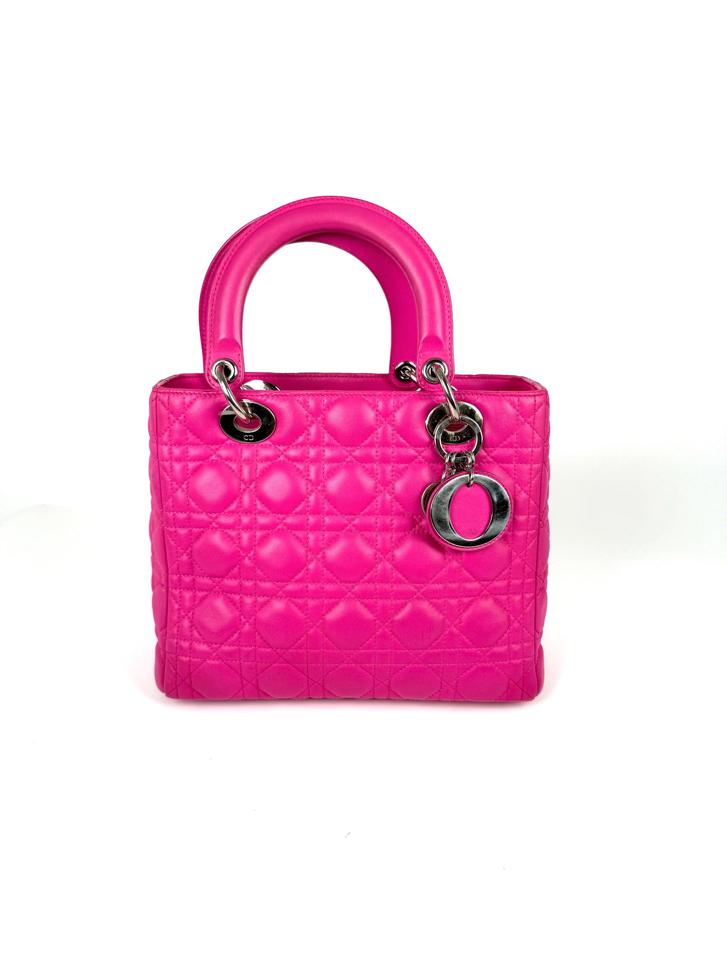 Christian Dior Medium Cannage Lady Dior Pink Lambskin Leather Top Handle Bag