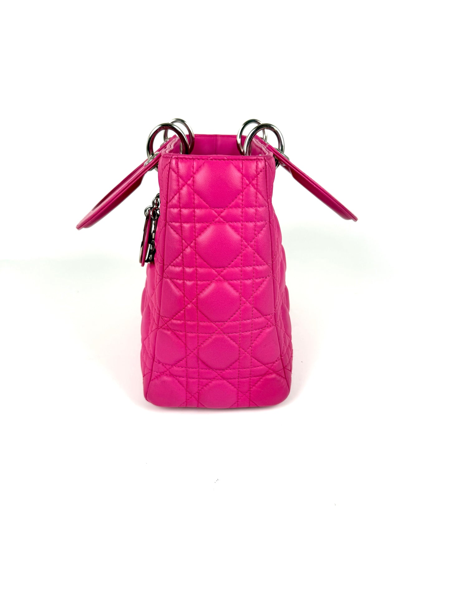 Christian Dior Medium Cannage Lady Dior Pink Lambskin Leather Top Handle Bag