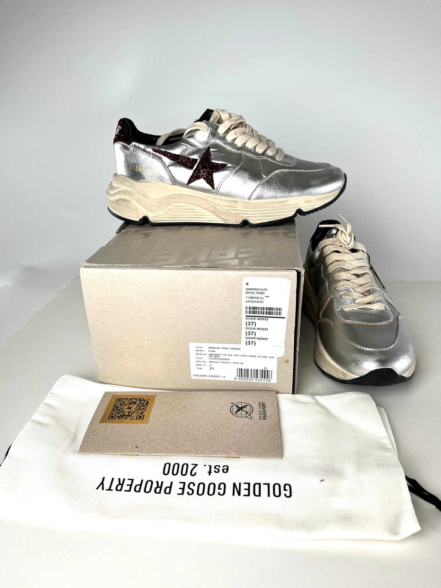 New Golden Goose Running Silver Burgundy Metallic Glitter Sneakers 37