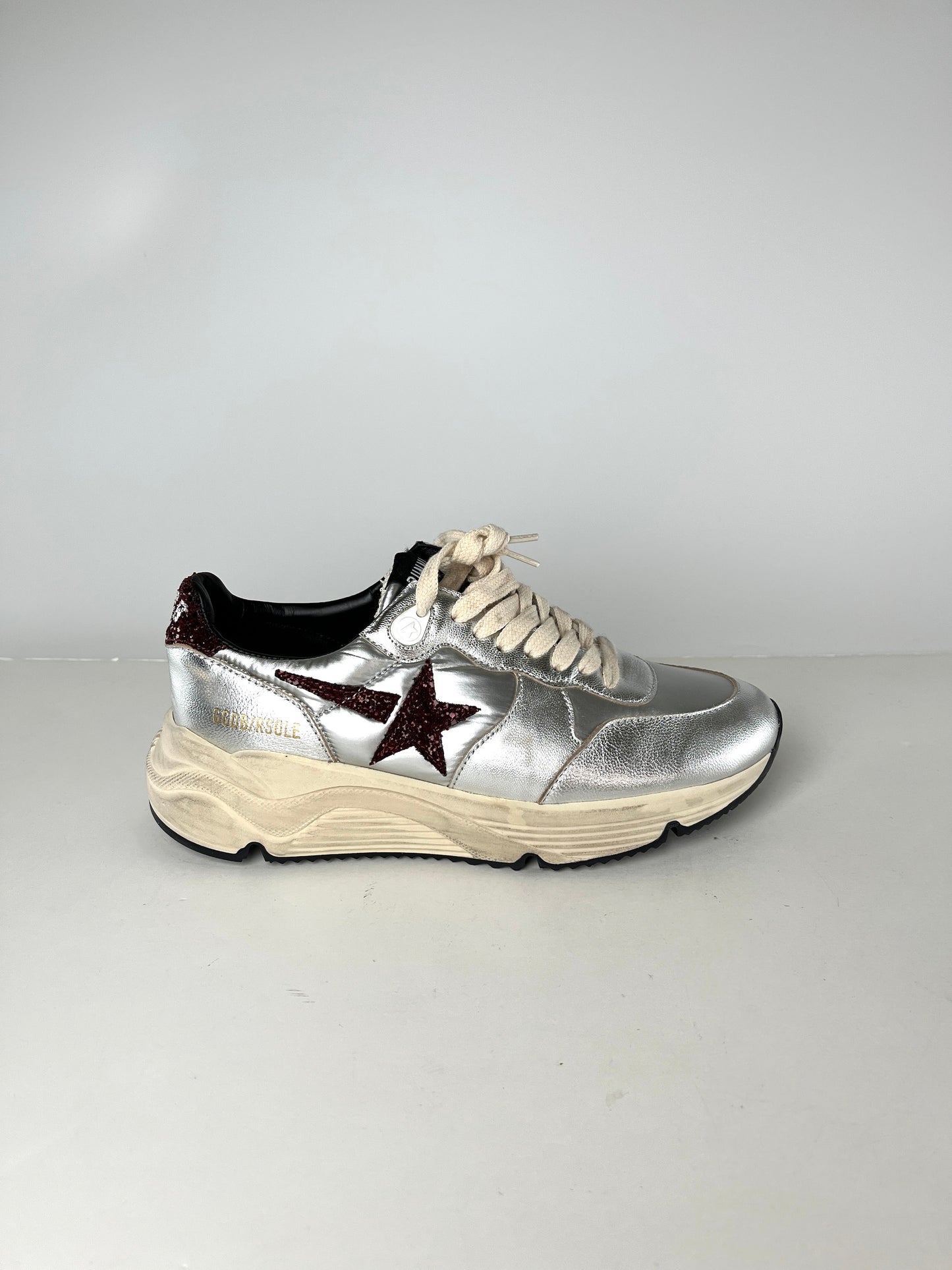 New Golden Goose Running Silver Burgundy Metallic Glitter Sneakers 37