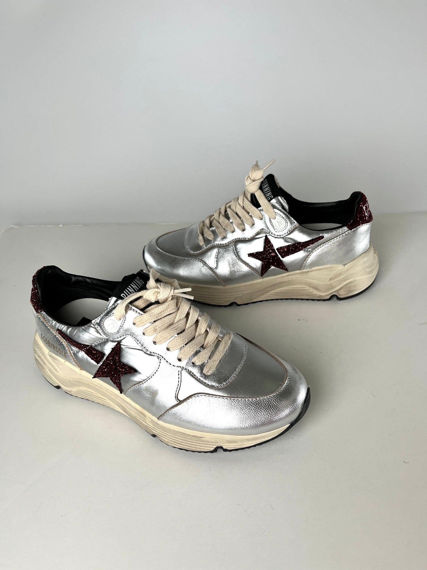 New Golden Goose Running Silver Burgundy Metallic Glitter Sneakers 37