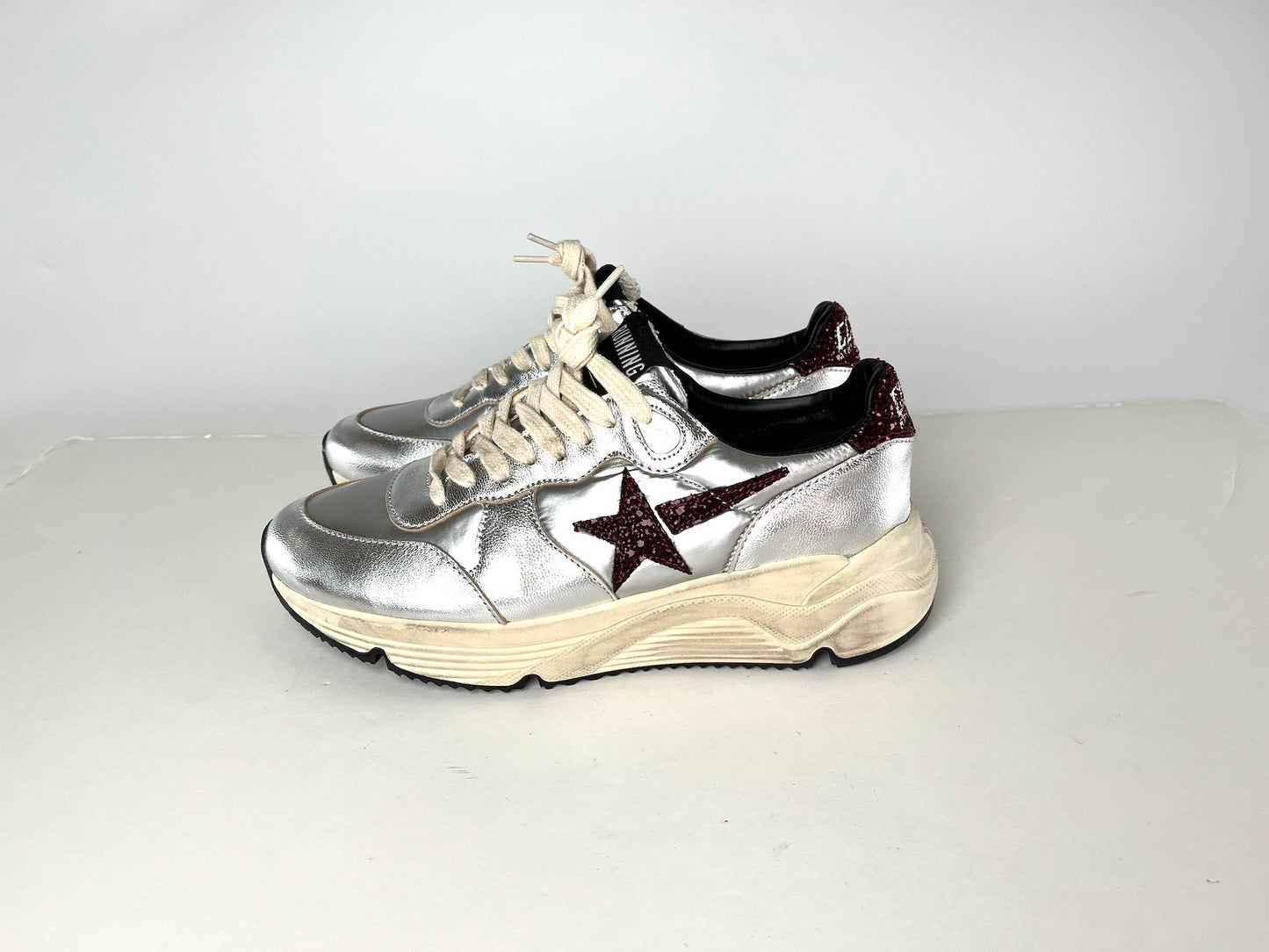 New Golden Goose Running Silver Burgundy Metallic Glitter Sneakers 37