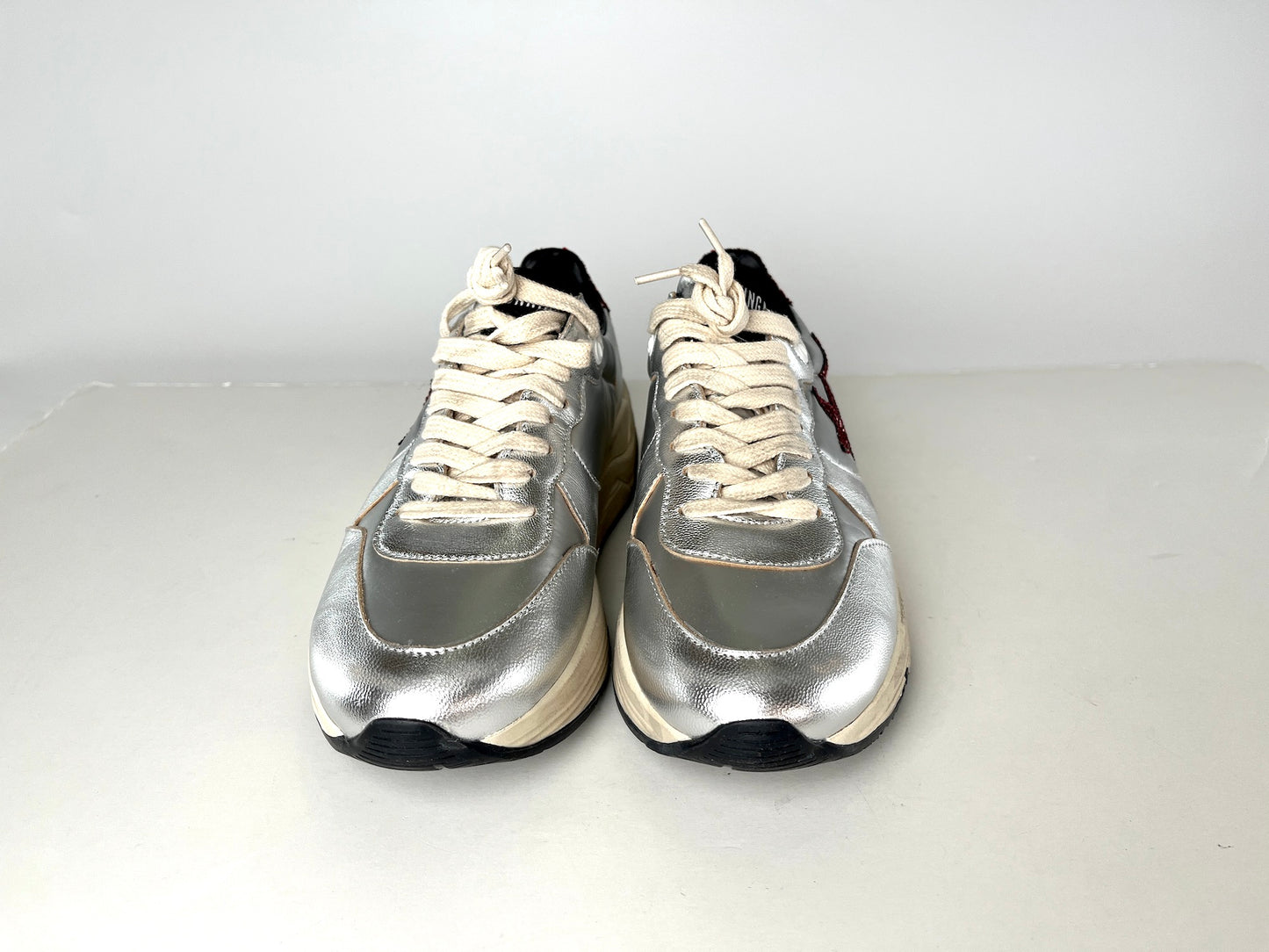 New Golden Goose Running Silver Burgundy Metallic Glitter Sneakers 37