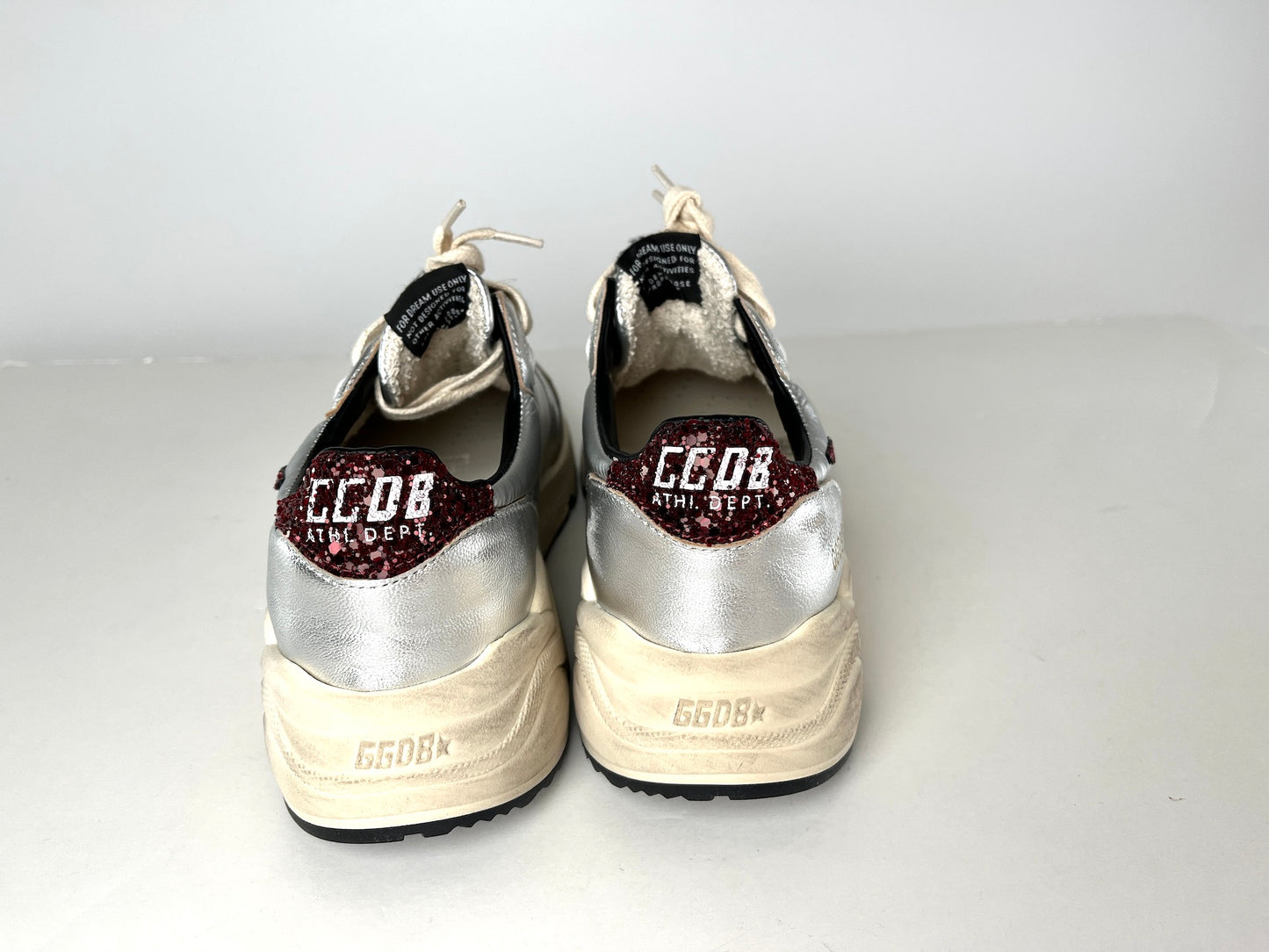 New Golden Goose Running Silver Burgundy Metallic Glitter Sneakers 37