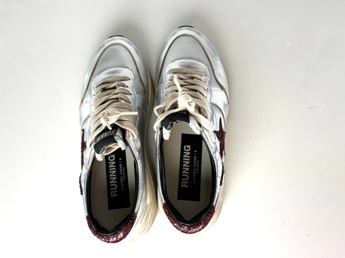 New Golden Goose Running Silver Burgundy Metallic Glitter Sneakers 37
