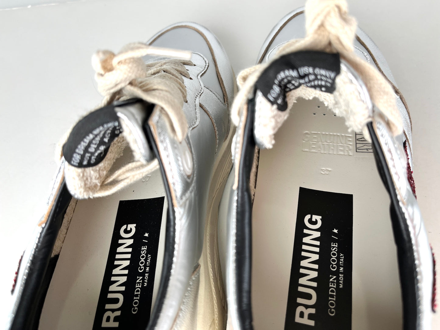 New Golden Goose Running Silver Burgundy Metallic Glitter Sneakers 37