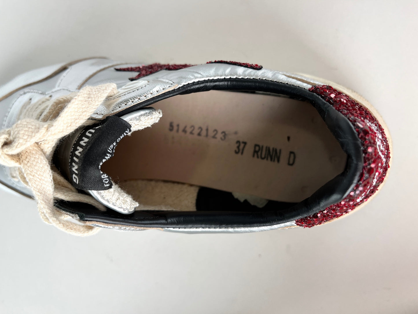 New Golden Goose Running Silver Burgundy Metallic Glitter Sneakers 37