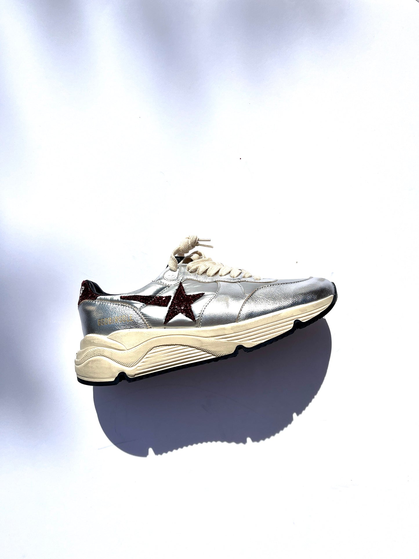 New Golden Goose Running Silver Burgundy Metallic Glitter Sneakers 37