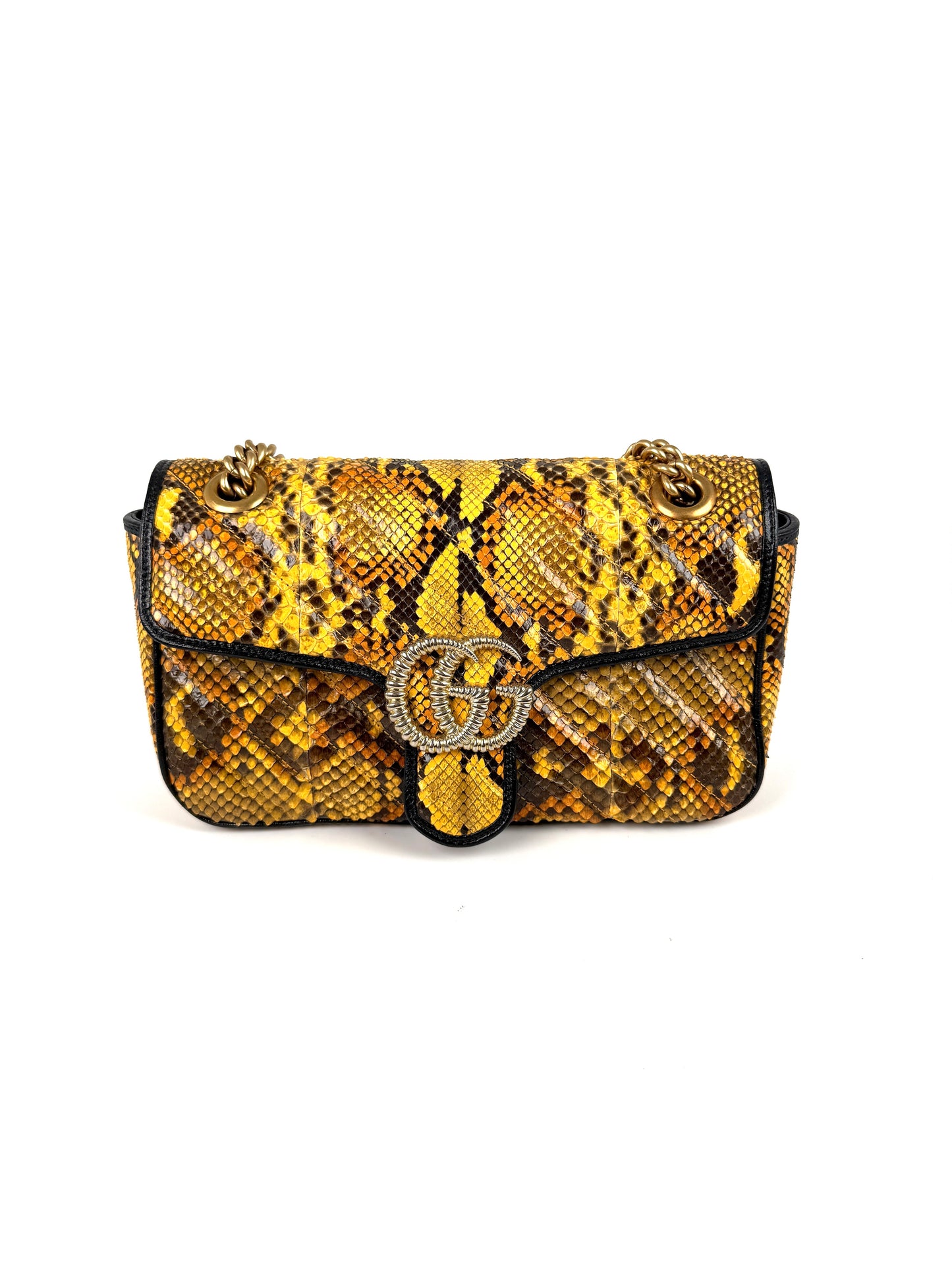 GUCCI GG Marmont Matellase Small Python Snakeskin Black Yellow Crossbody Shoulder Flap Bag