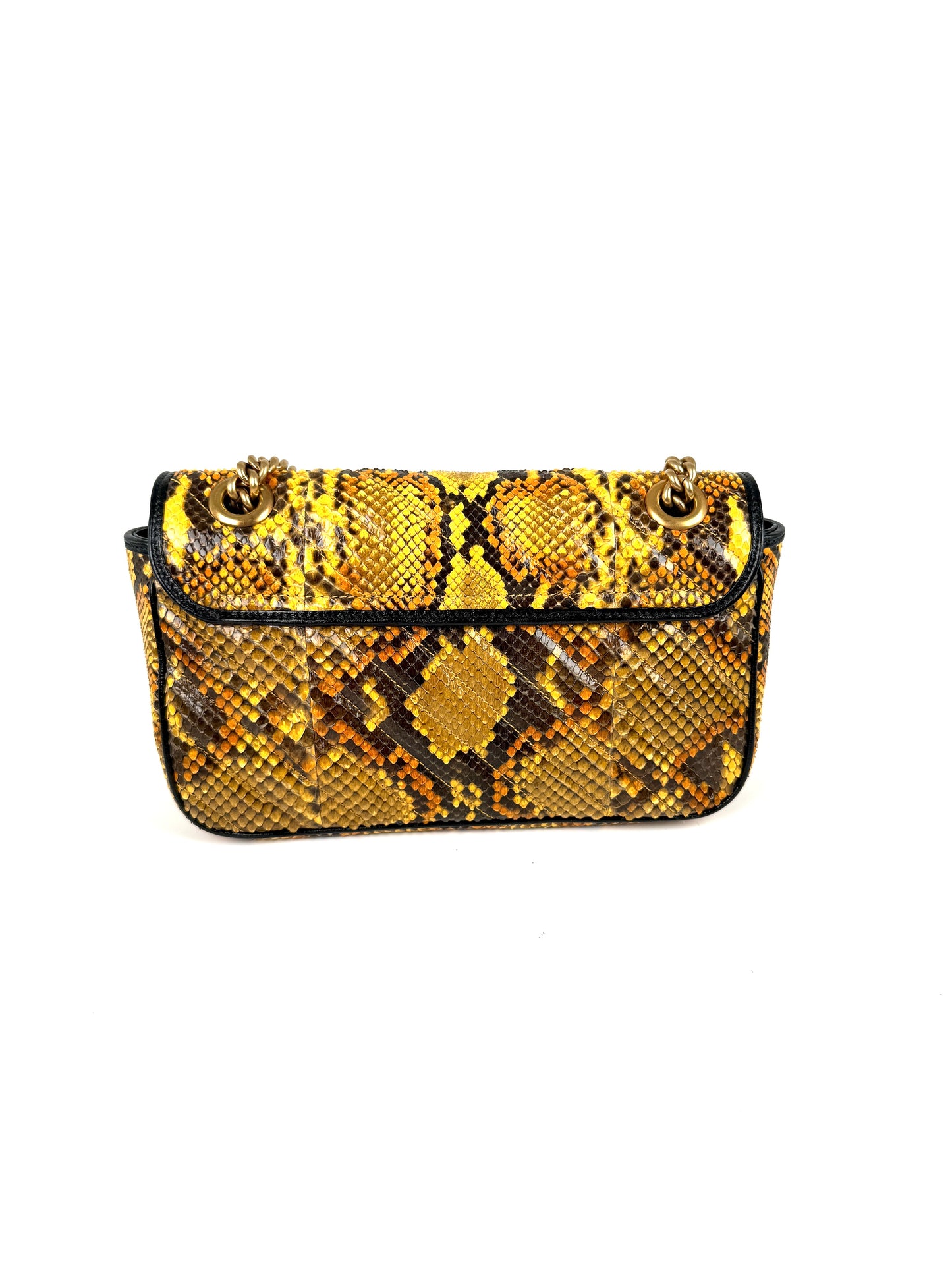 GUCCI GG Marmont Matellase Small Python Snakeskin Black Yellow Crossbody Shoulder Flap Bag