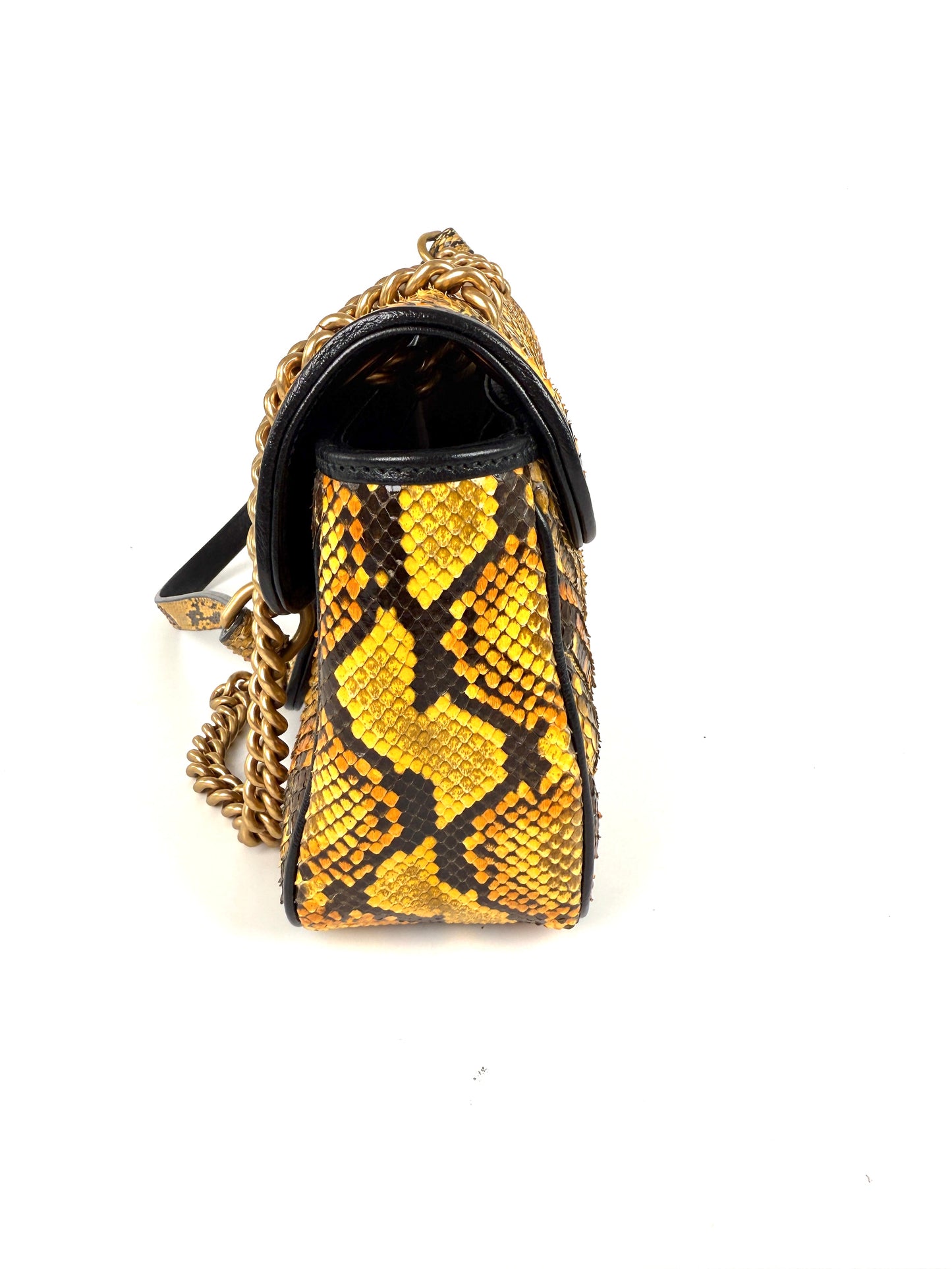 GUCCI GG Marmont Matellase Small Python Snakeskin Black Yellow Crossbody Shoulder Flap Bag