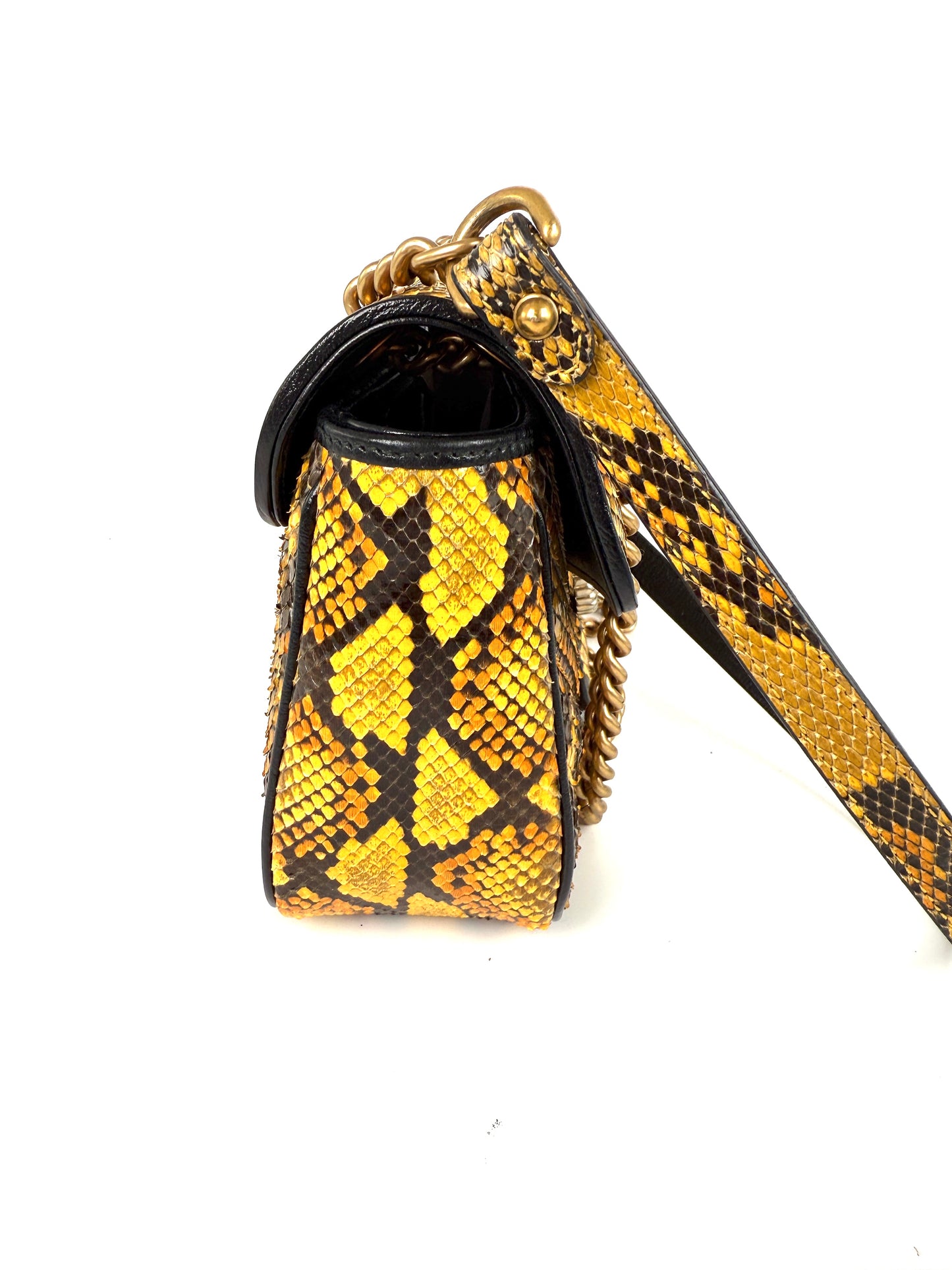 GUCCI GG Marmont Matellase Small Python Snakeskin Black Yellow Crossbody Shoulder Flap Bag