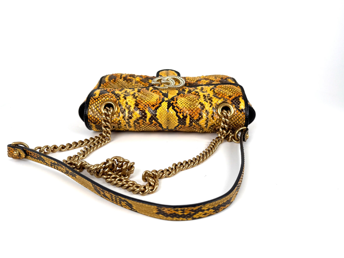 GUCCI GG Marmont Matellase Small Python Snakeskin Black Yellow Crossbody Shoulder Flap Bag