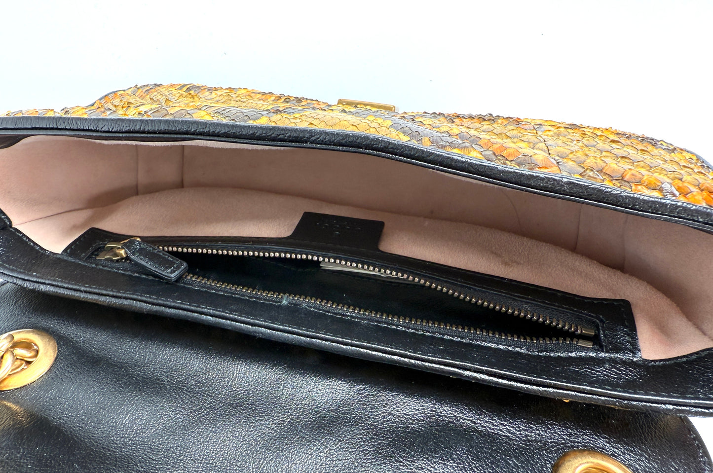 GUCCI GG Marmont Matellase Small Python Snakeskin Black Yellow Crossbody Shoulder Flap Bag