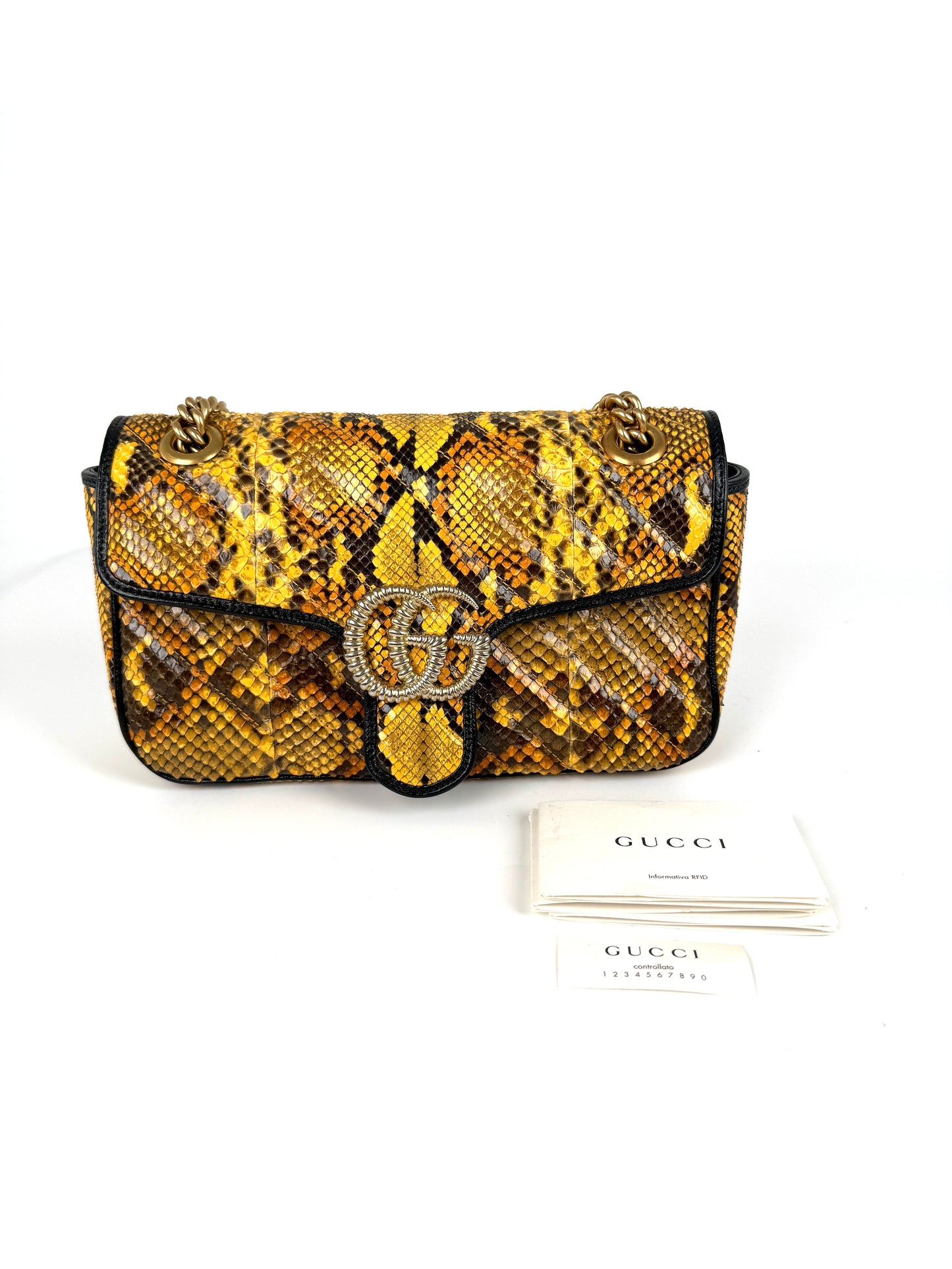 GUCCI GG Marmont Matellase Small Python Snakeskin Black Yellow Crossbody Shoulder Flap Bag