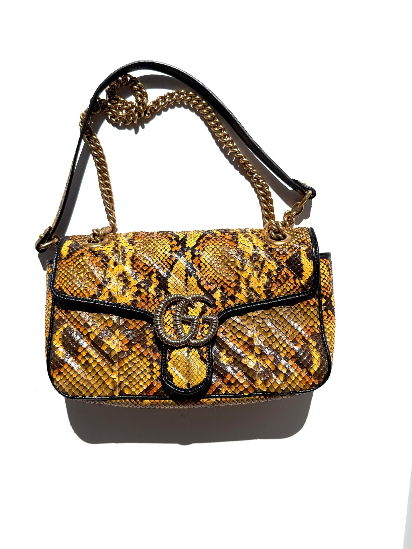 GUCCI GG Marmont Matellase Small Python Snakeskin Black Yellow Crossbody Shoulder Flap Bag