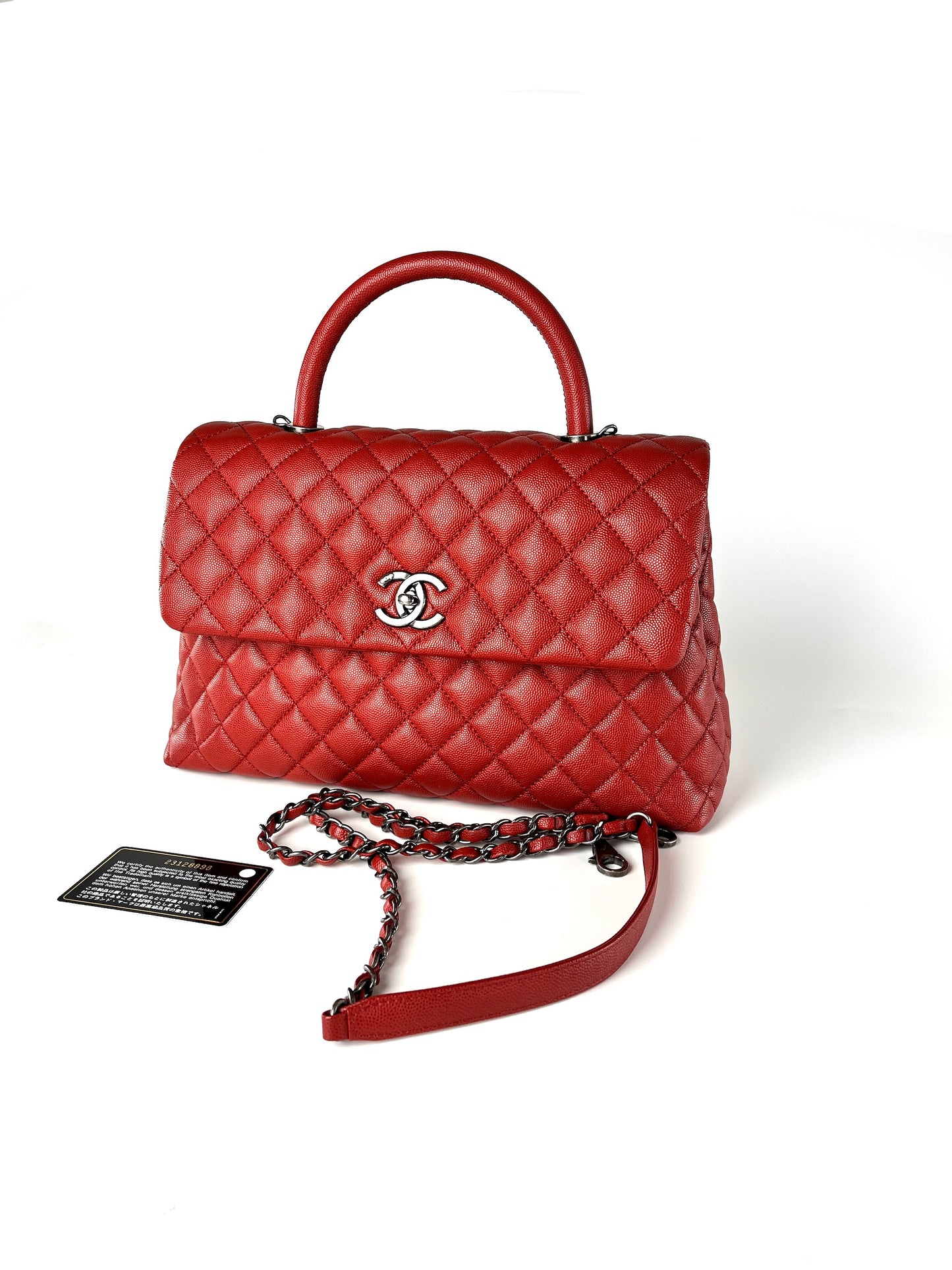 CHANEL Red Medium Coco Handle Top Handle Quilted Caviar Leather Bag
