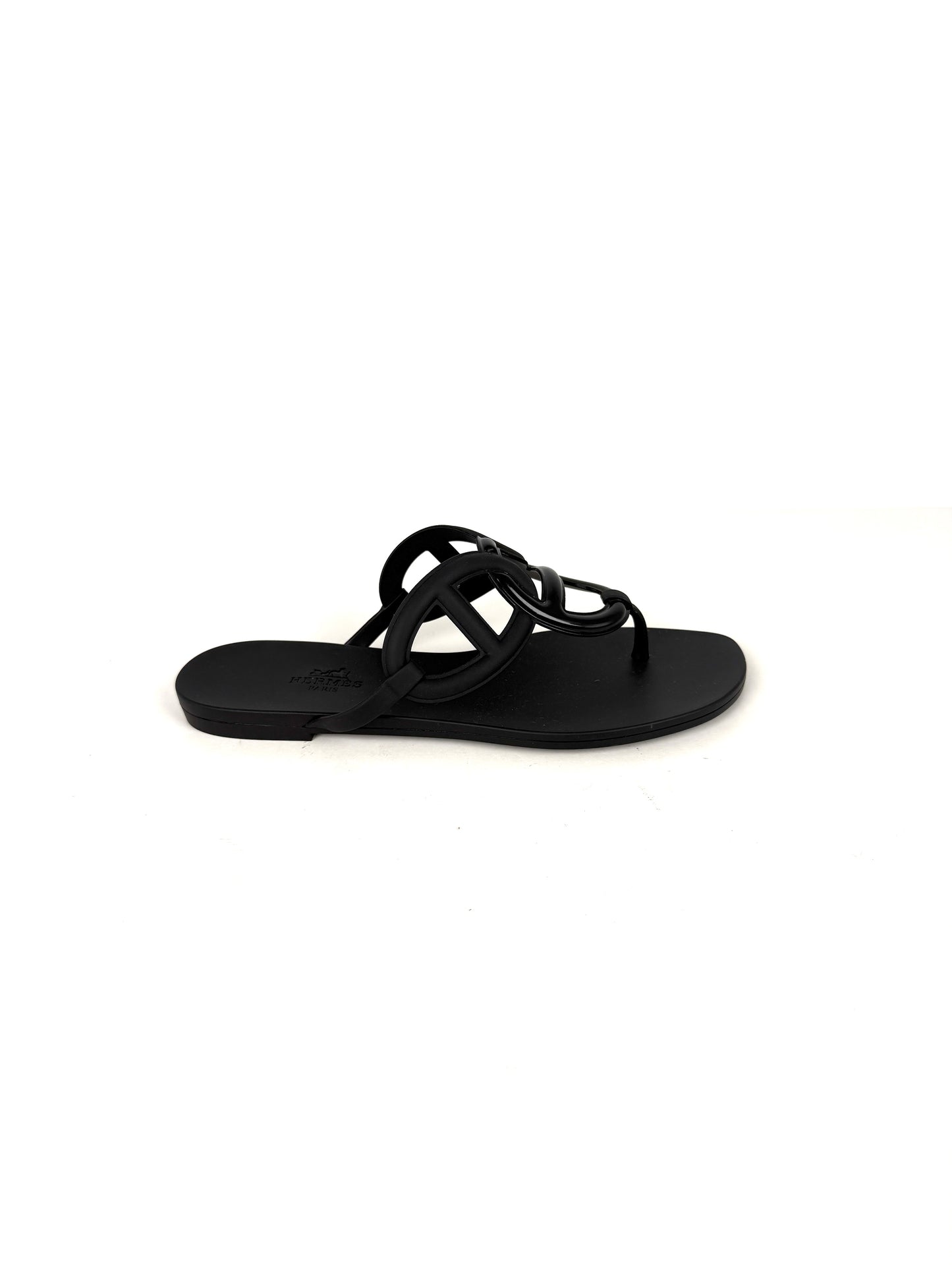 HERMES Egerie Chaine d’Ancre Insignia Black Slide Sandals 37, 6.5