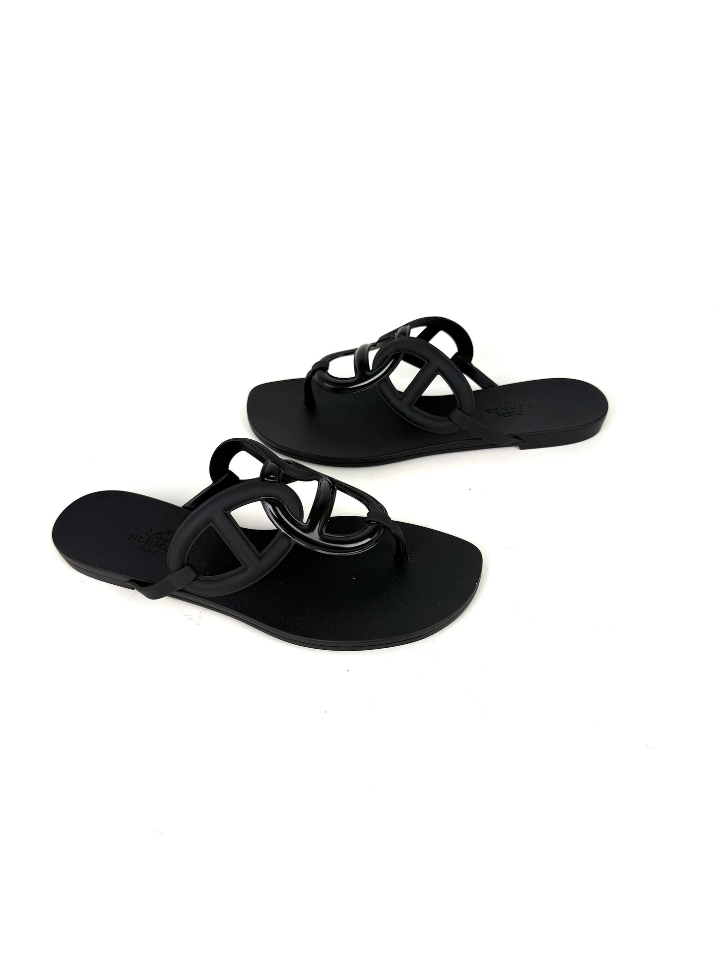 HERMES Egerie Chaine d’Ancre Insignia Black Slide Sandals 37, 6.5