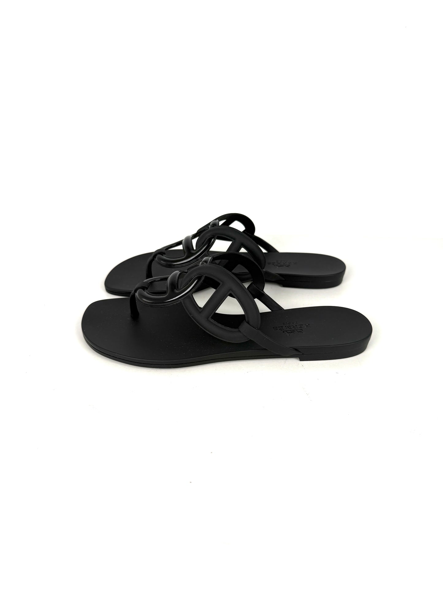 HERMES Egerie Chaine d’Ancre Insignia Black Slide Sandals 37, 6.5