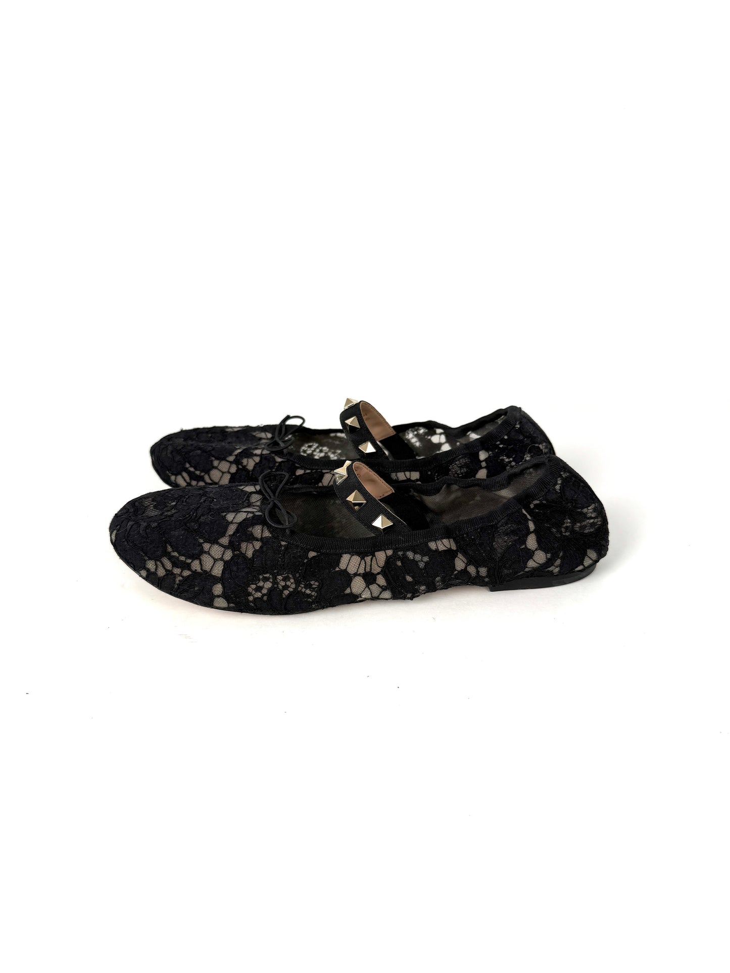 Valentino Garavani Lace Black Rockstud Mary Jane Bow Flats 39 8.5