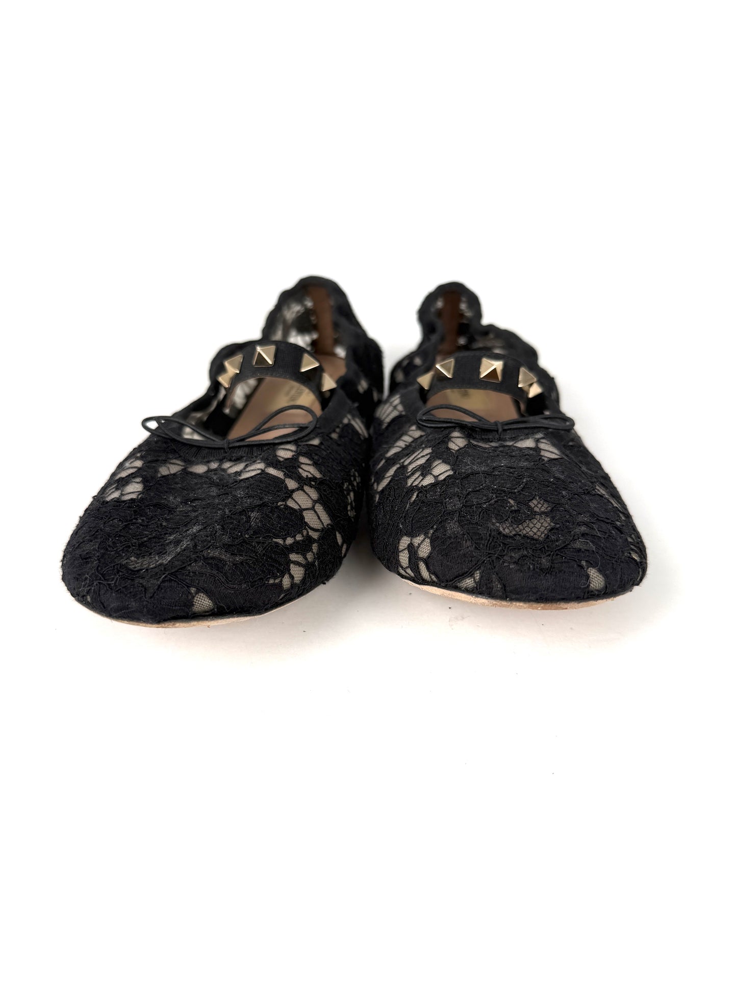 Valentino Garavani Lace Black Rockstud Mary Jane Bow Flats 39 8.5