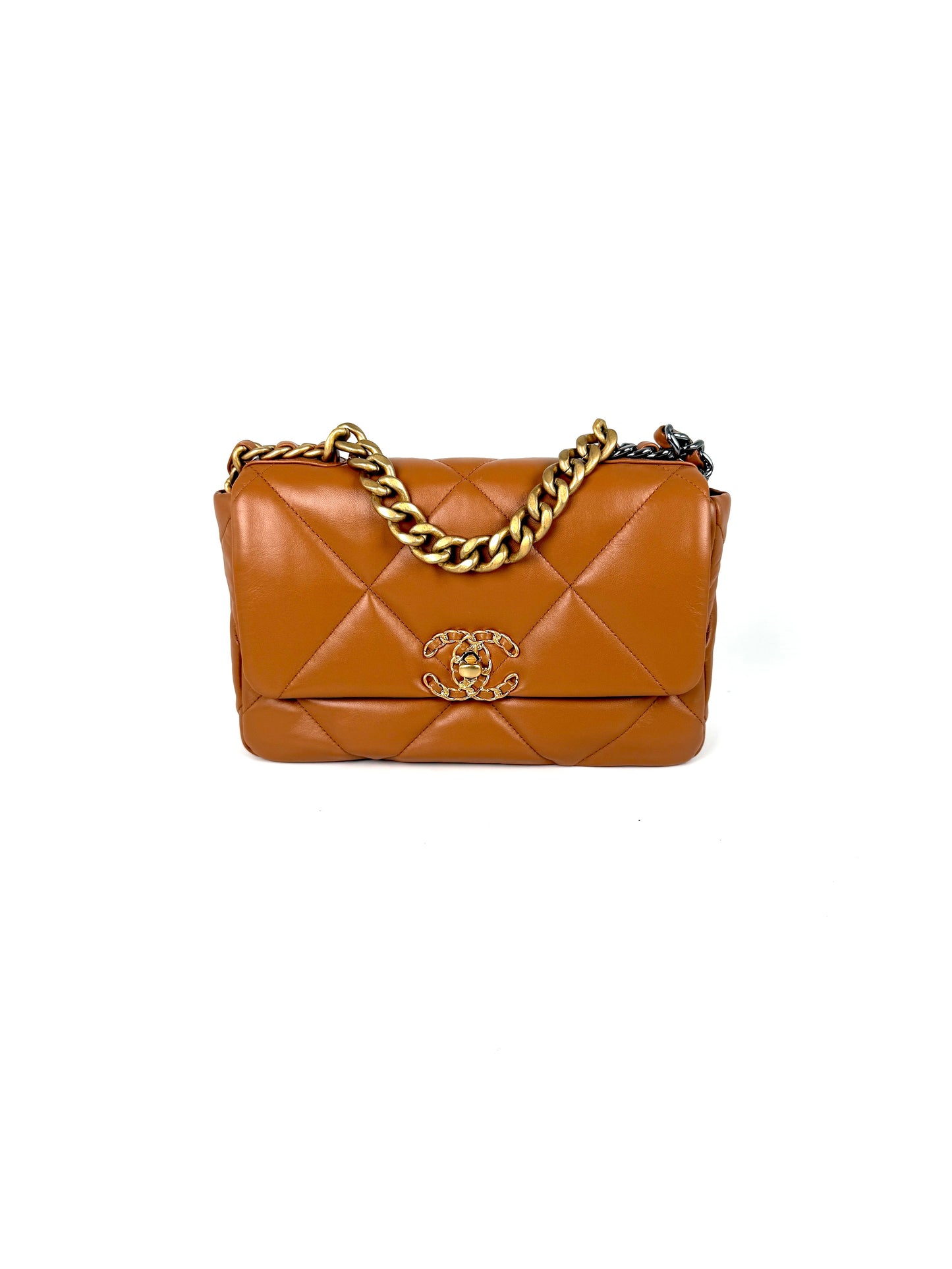 CHANEL 19 2021 Medium Carmel Brown Lambskin Gold Hardware Flap Bag Designer consignment