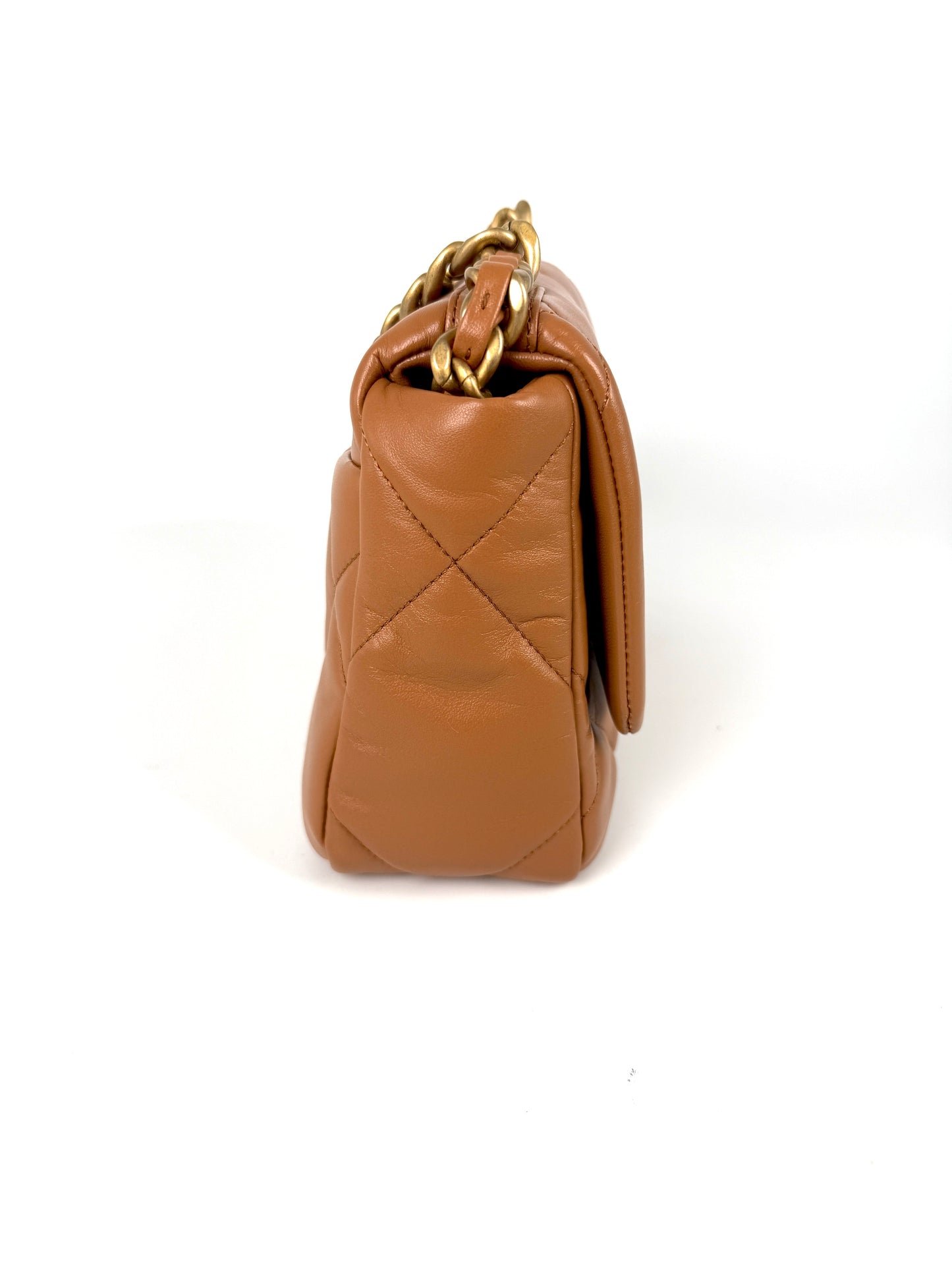 CHANEL 19 Small Carmel Brown Lambskin Gold Hardware Flap Bag