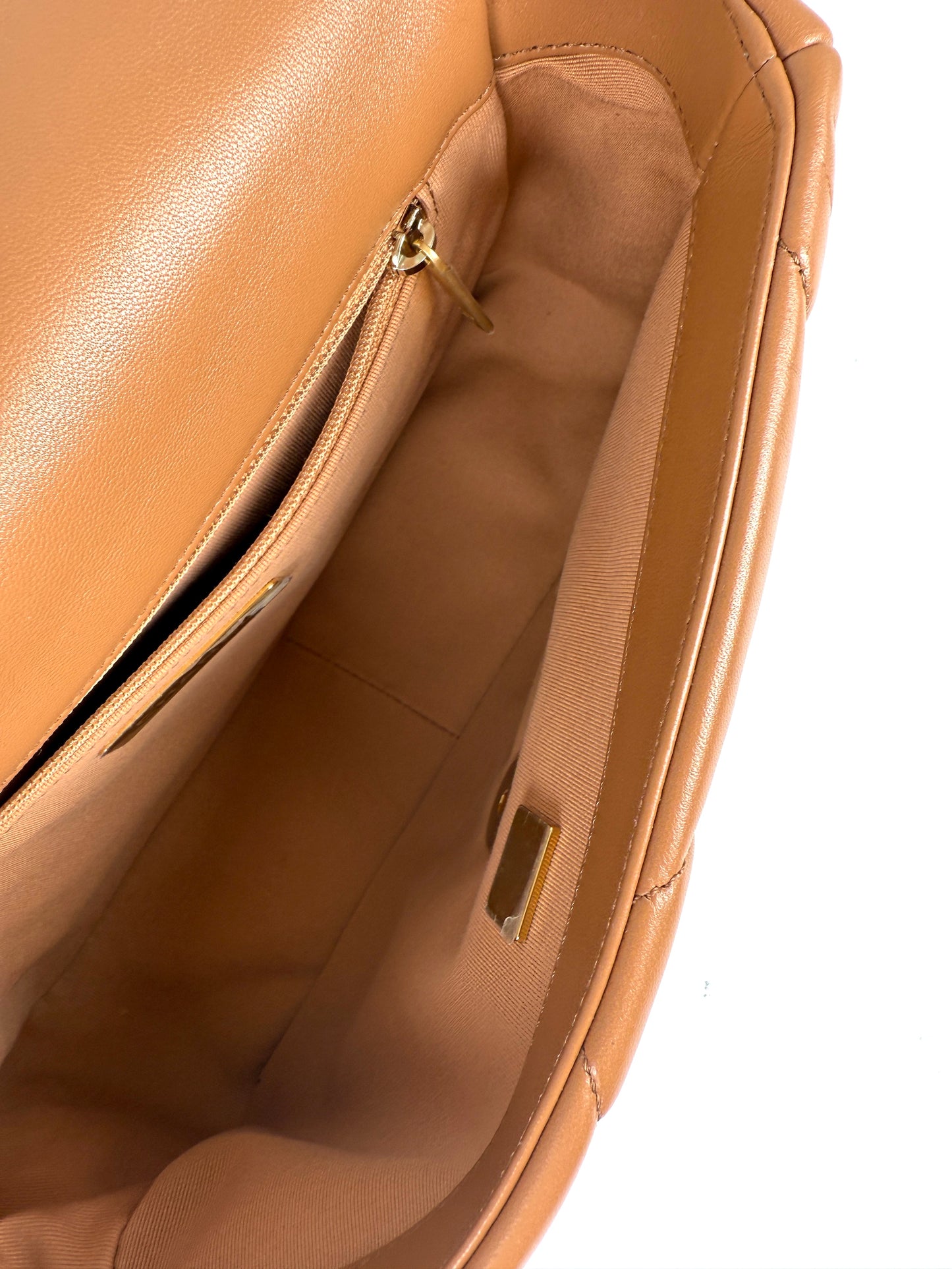 CHANEL 19 Small Carmel Brown Lambskin Gold Hardware Flap Bag