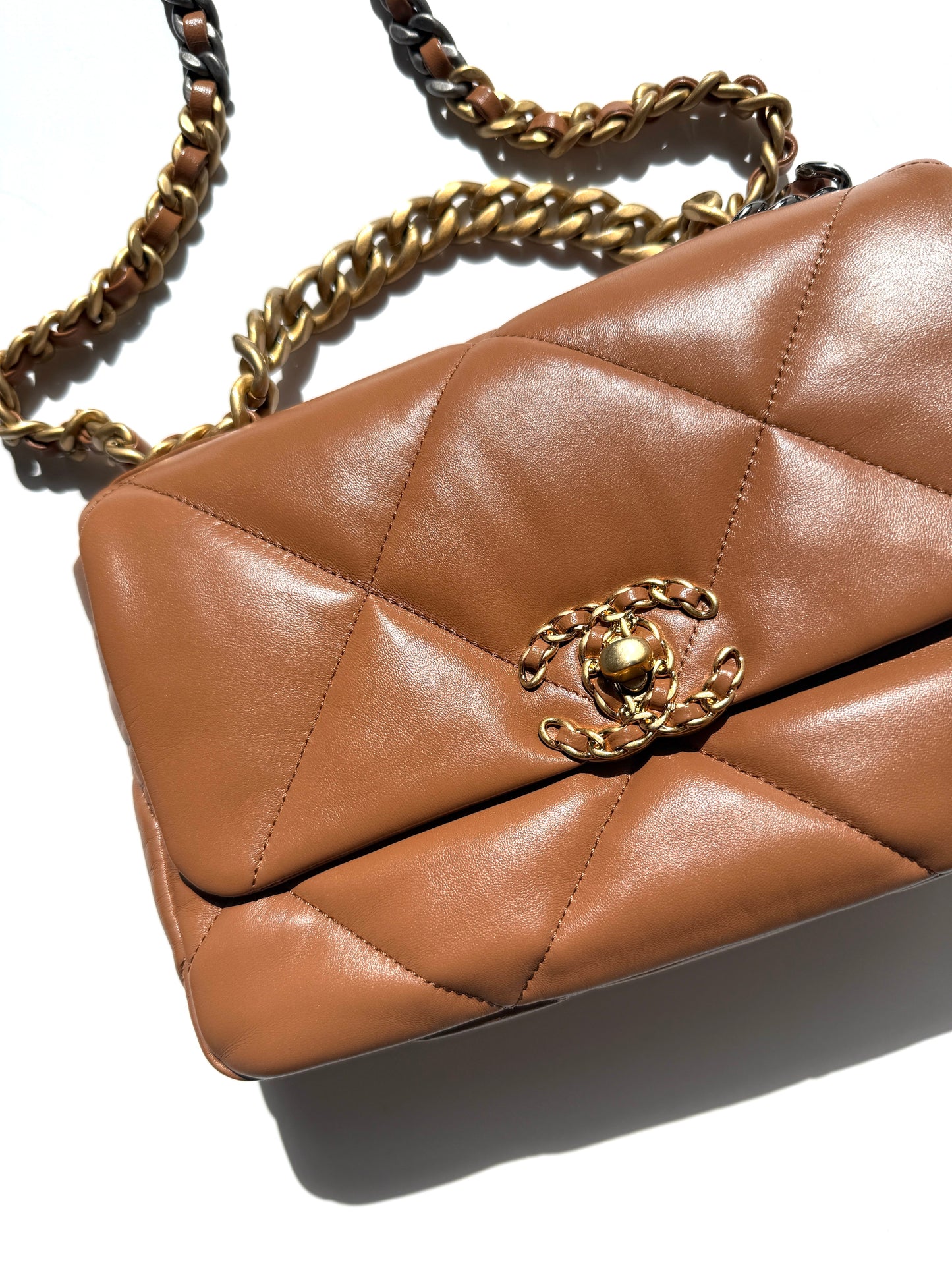 CHANEL 19 Small Carmel Brown Lambskin Gold Hardware Flap Bag