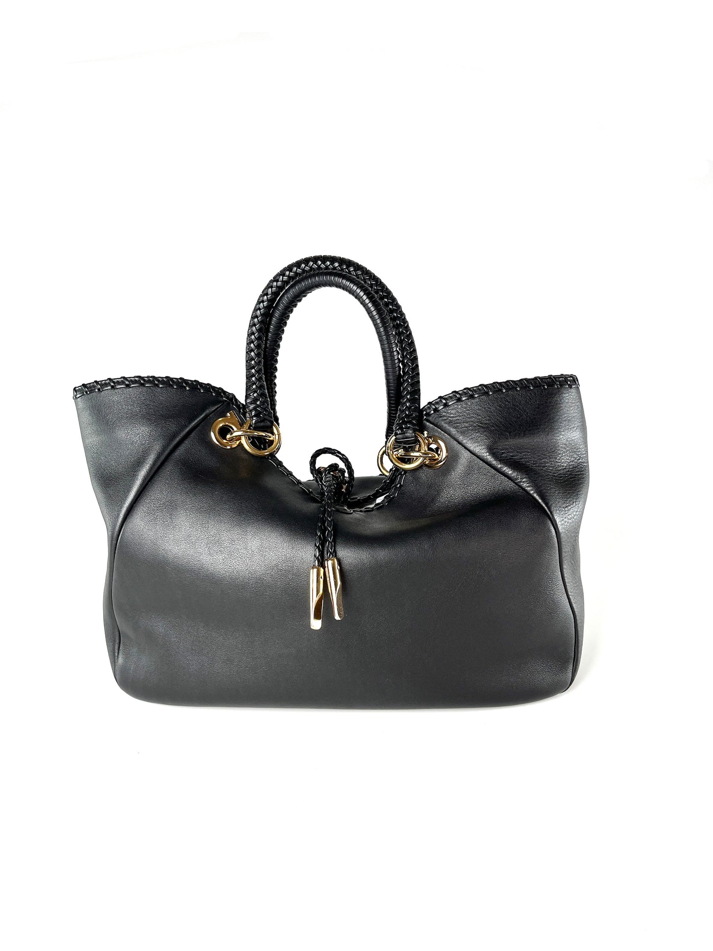 Salvatore Ferragamo Black Gancini Braided Leather Tote Bag