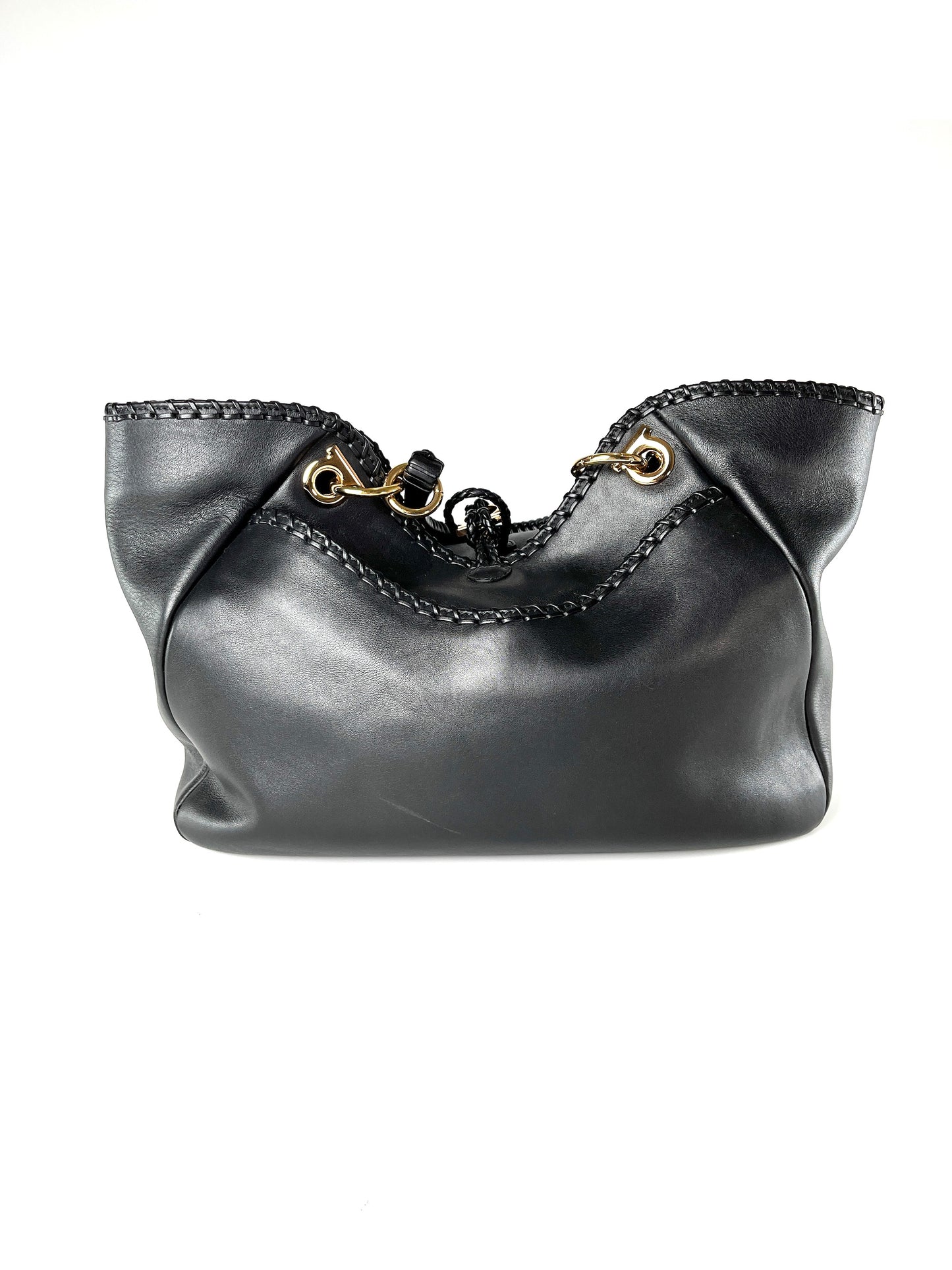 Salvatore Ferragamo Black Gancini Braided Leather Tote Bag