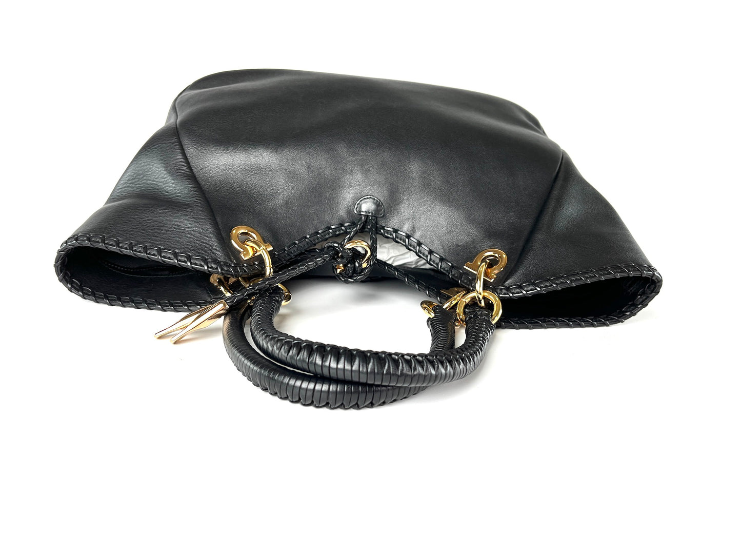 Salvatore Ferragamo Black Gancini Braided Leather Tote Bag