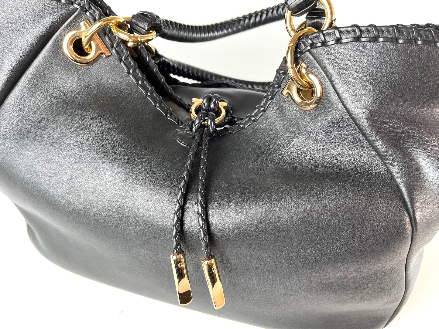 Salvatore Ferragamo Black Gancini Braided Leather Tote Bag