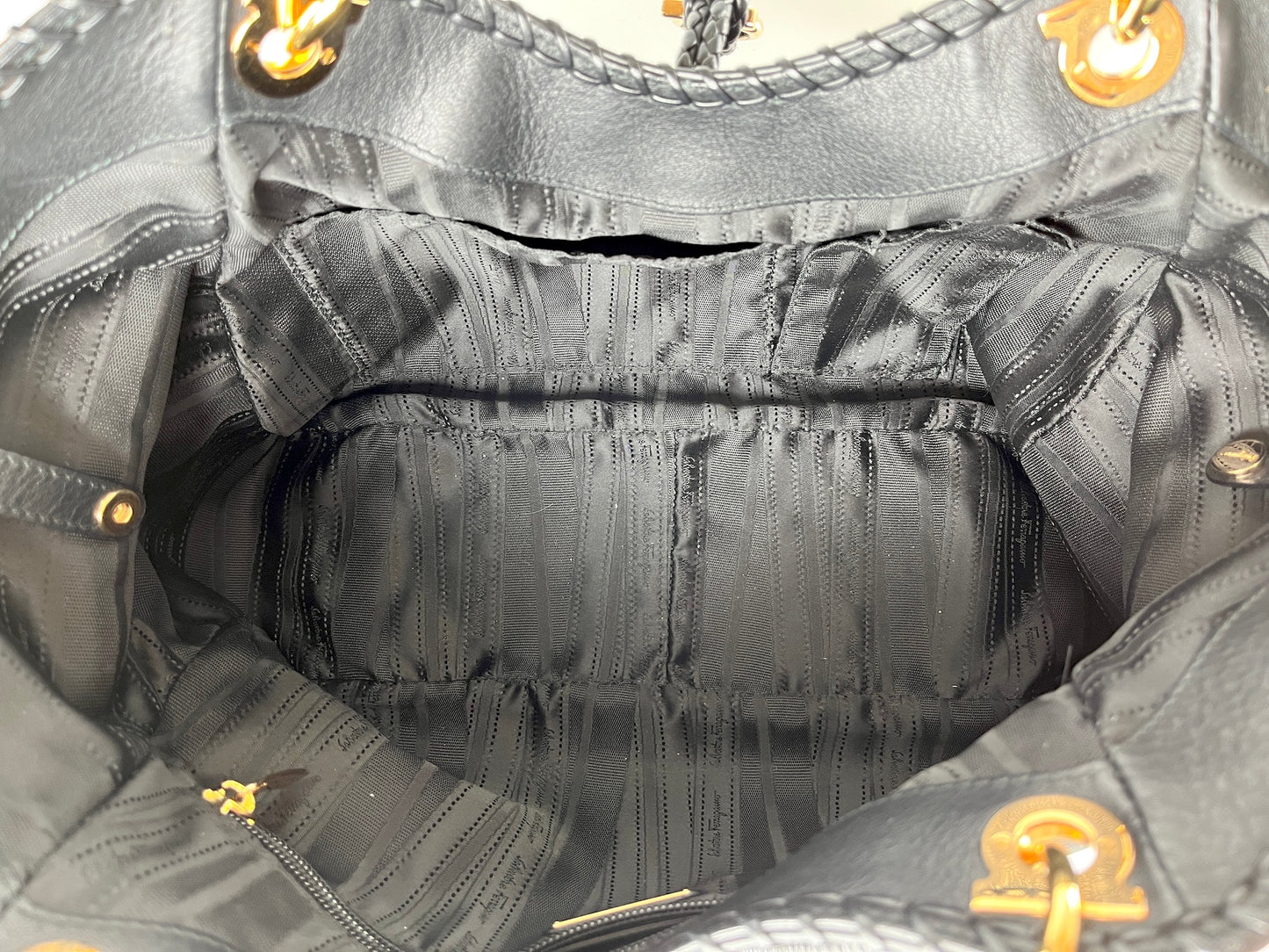 Salvatore Ferragamo Black Gancini Braided Leather Tote Bag